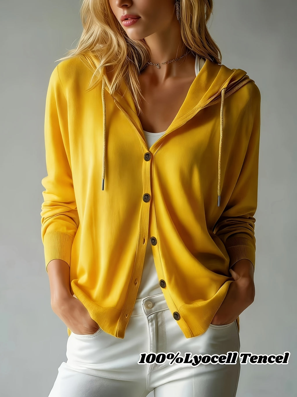 [Hooded Cardigan] Lyocell Tencel Women's Cardigan Hooded Cardigan Women Spring Autumn Style Long Sleeve Button Loose Outerwear European And American Style Casual Temperament Top Soft And Skin-Friendly Drawstring Hood Design Daily Commute Streetwear Versat