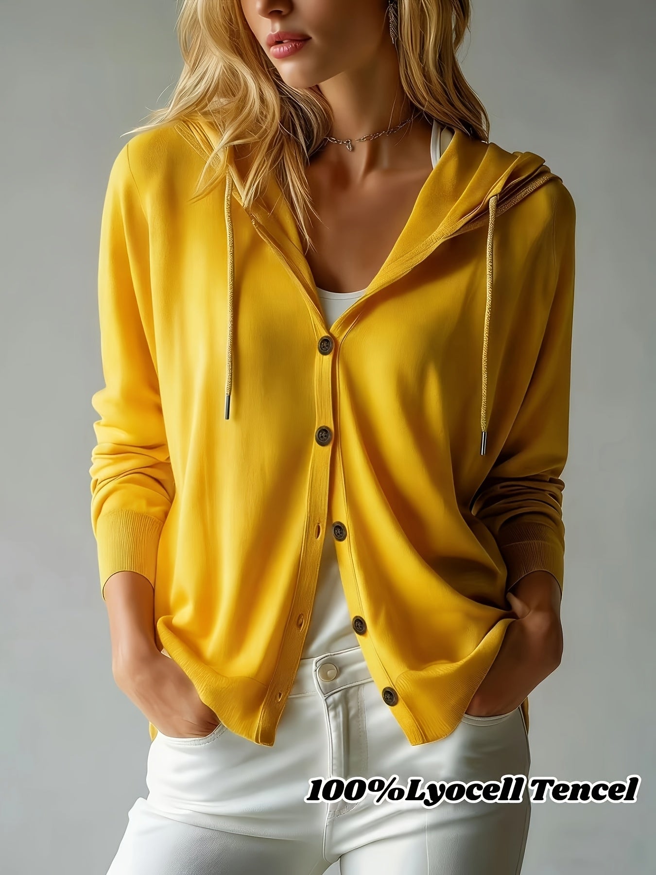 [Hooded Cardigan] Lyocell Tencel Women's Cardigan Hooded Cardigan Women Spring Autumn Style Long Sleeve Button Loose Outerwear European And American Style Casual Temperament Top Soft And Skin-Friendly Drawstring Hood Design Daily Commute Streetwear Versat