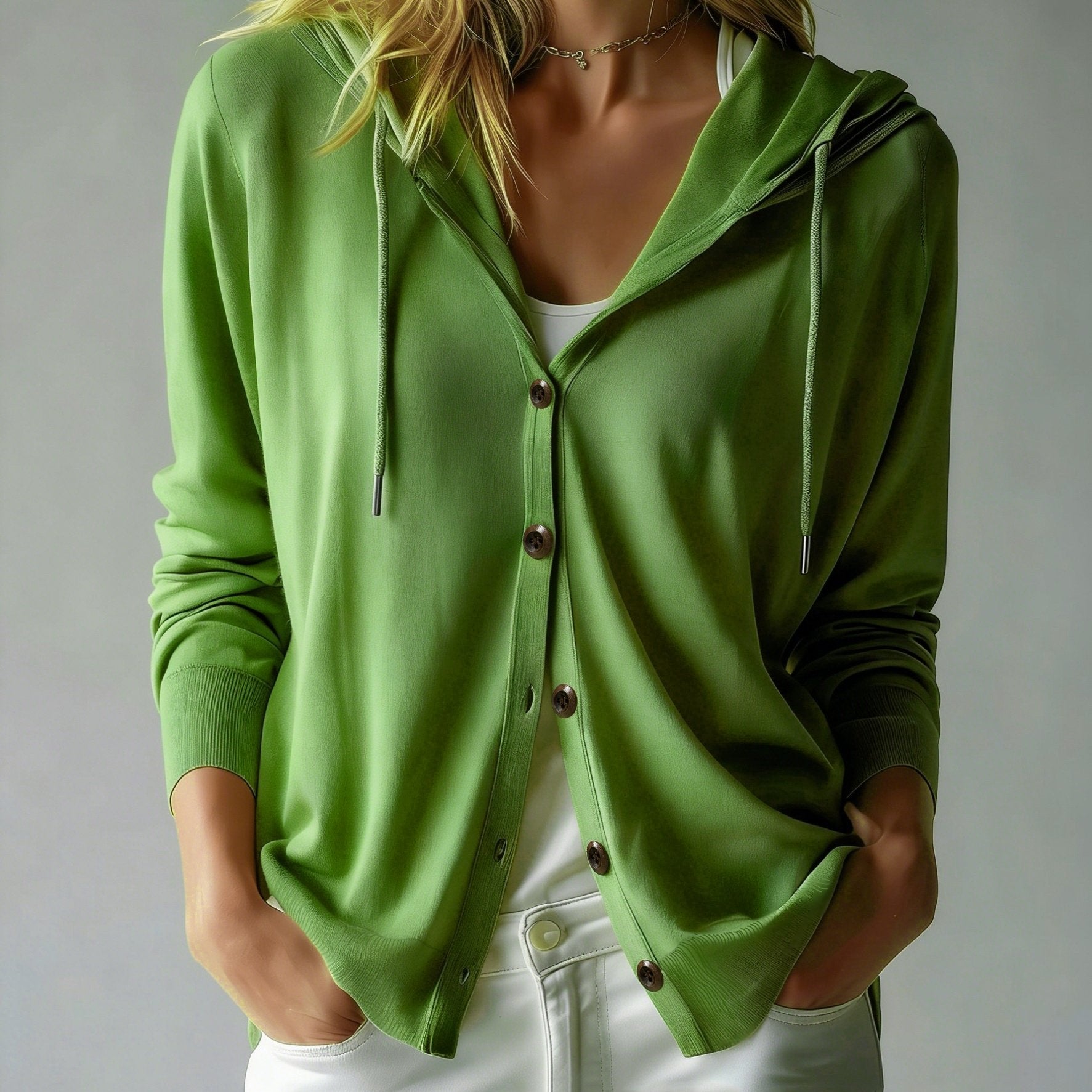 [Hooded Cardigan] Lyocell Tencel Women's Cardigan Hooded Cardigan Women Spring Autumn Style Long Sleeve Button Loose Outerwear European And American Style Casual Temperament Top Soft And Skin-Friendly Drawstring Hood Design Daily Commute Streetwear Versat