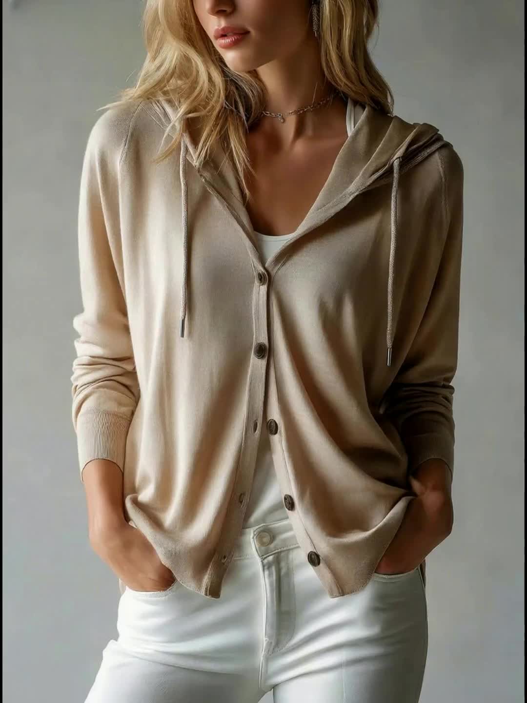 [Hooded Cardigan] Lyocell Tencel Women's Cardigan Hooded Cardigan Women Spring Autumn Style Long Sleeve Button Loose Outerwear European And American Style Casual Temperament Top Soft And Skin-Friendly Drawstring Hood Design Daily Commute Streetwear Versat