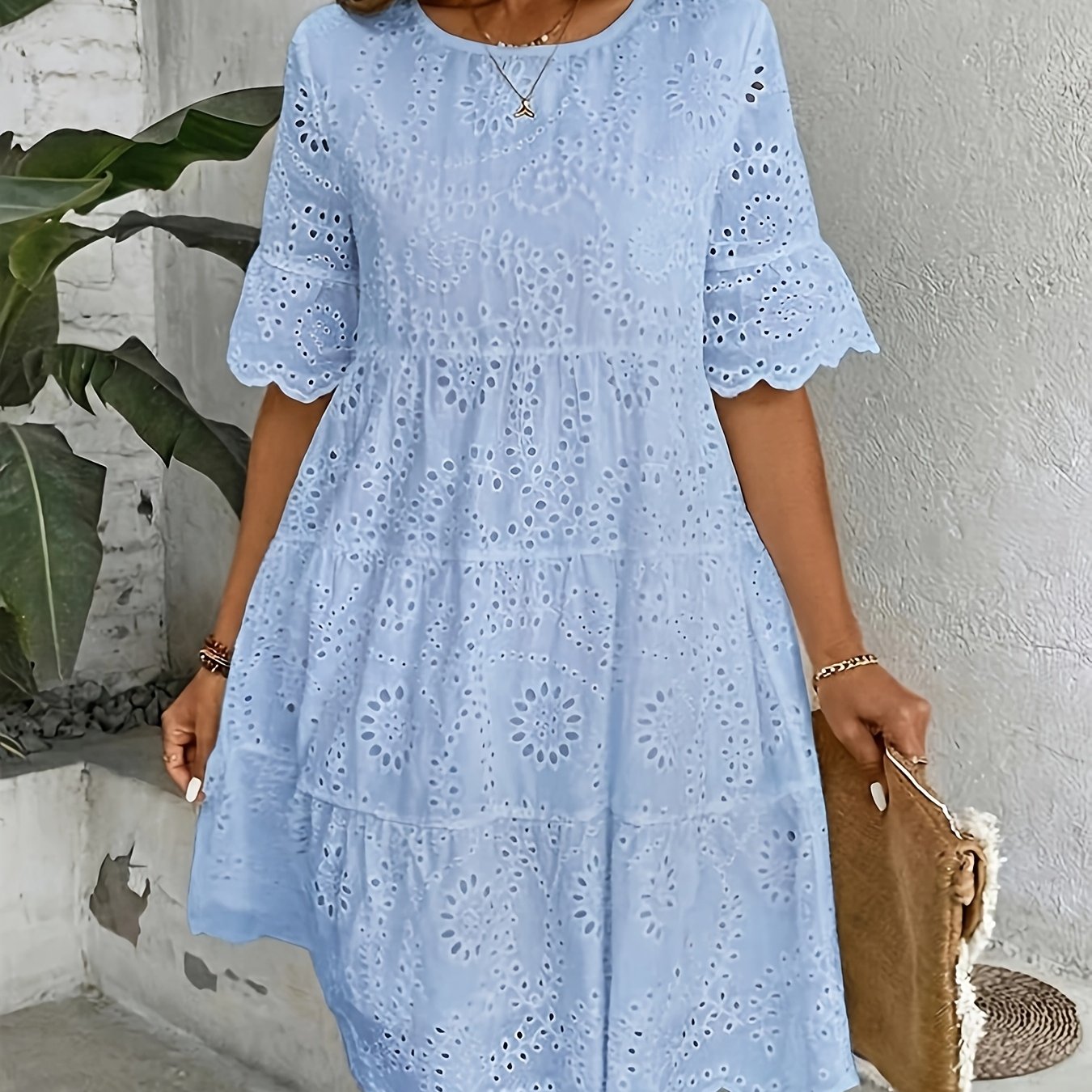 Rose Eyelet Round Neck Dress • Multi-Layer Ruffle Hem Dress • Women's Spring/Summer