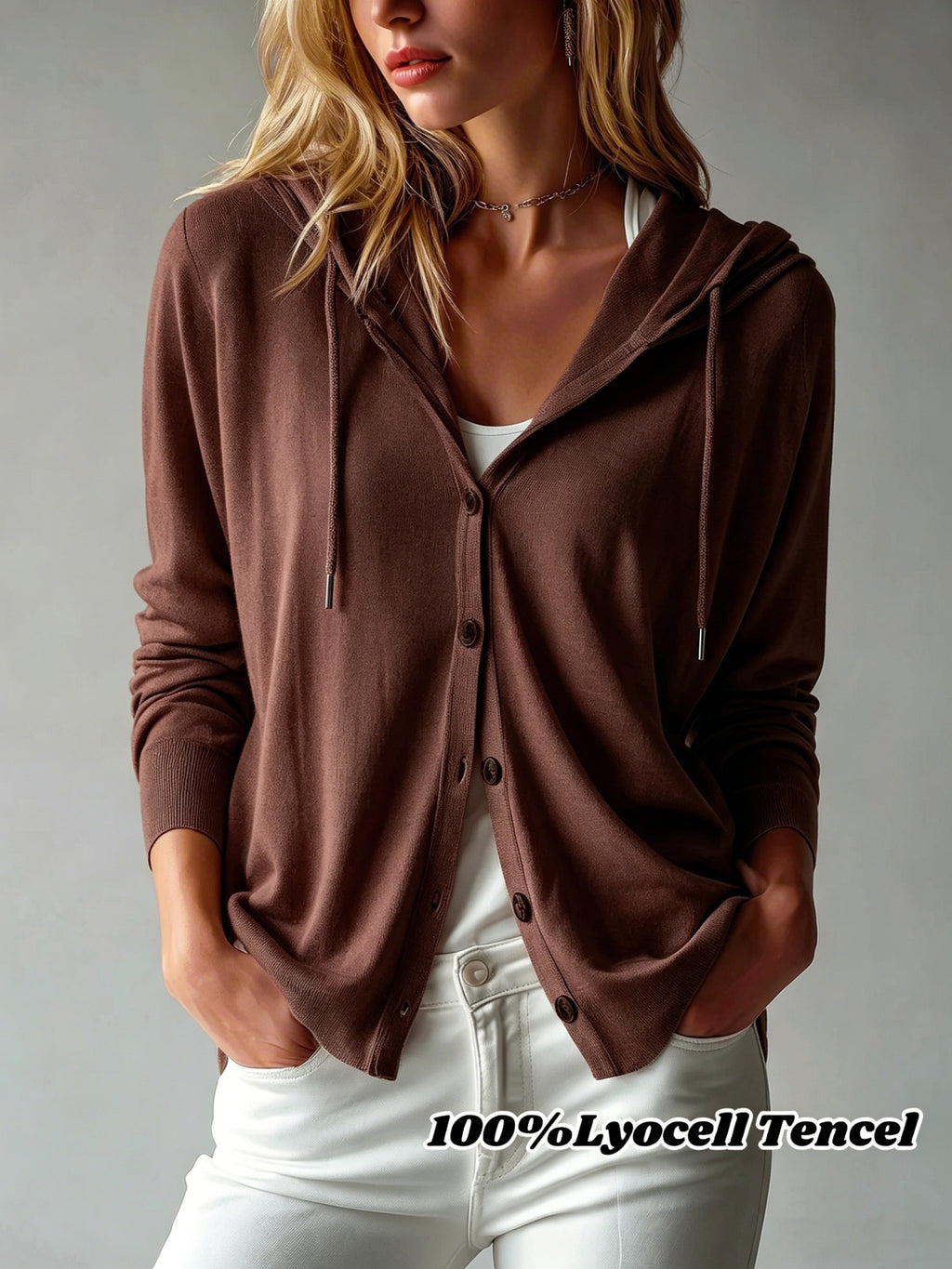 [Hooded Cardigan] Lyocell Tencel Women's Cardigan Hooded Cardigan Women Spring Autumn Style Long Sleeve Button Loose Outerwear European And American Style Casual Temperament Top Soft And Skin-Friendly Drawstring Hood Design Daily Commute Streetwear Versat
