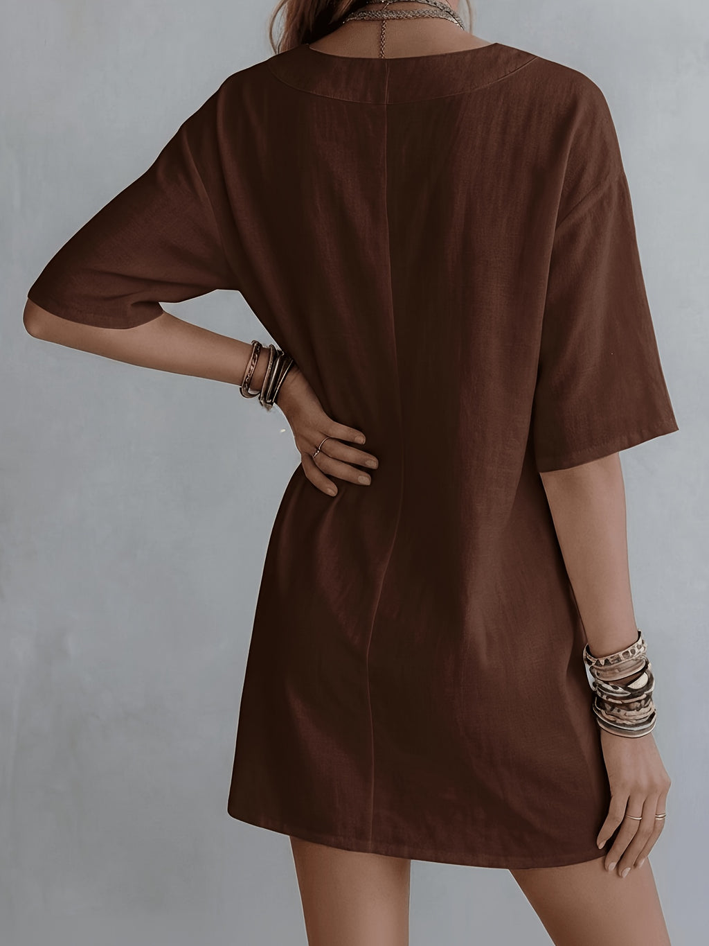 Summer Solid Color Linen V-Neck Loose Fit T-Shirt Style Mid-Sleeve Casual Vacation Crop Dress