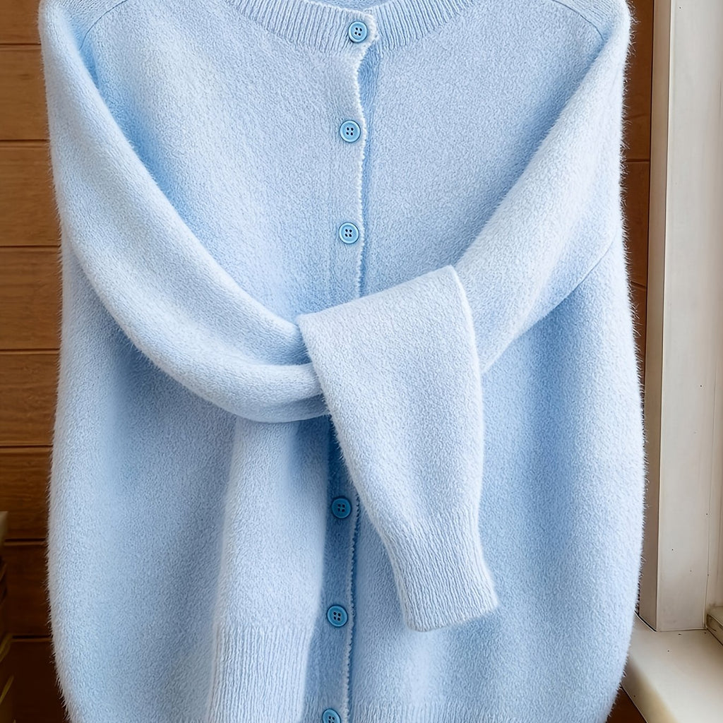 [Soft Comfortable Elegant] Spring/Autumn Solid Color Round Neck Button-Up Cardigan, Loose Casual Fashion Versatile Open Front Sweater, Soft Comfortable Elegant Women's Top