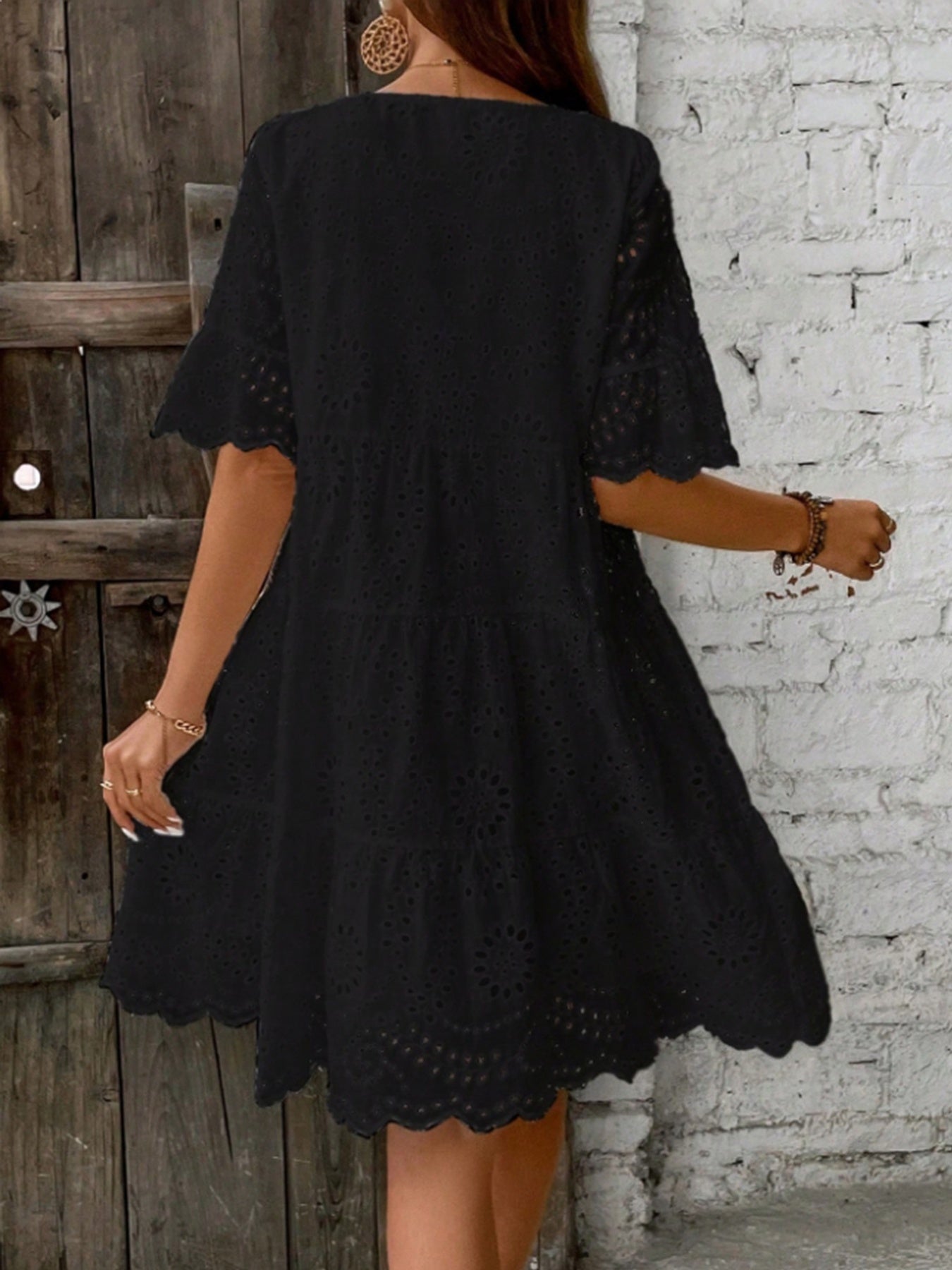Rose Eyelet Round Neck Dress • Multi-Layer Ruffle Hem Dress • Women's Spring/Summer