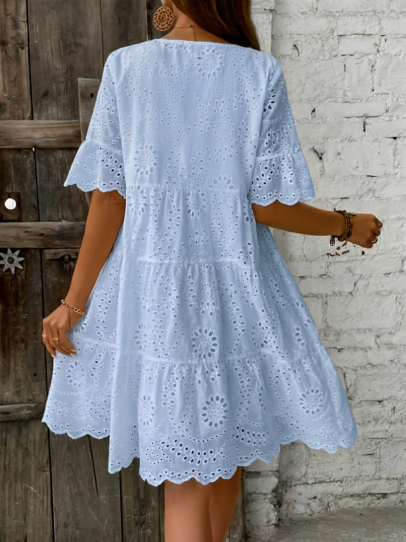 Rose Eyelet Round Neck Dress • Multi-Layer Ruffle Hem Dress • Women's Spring/Summer