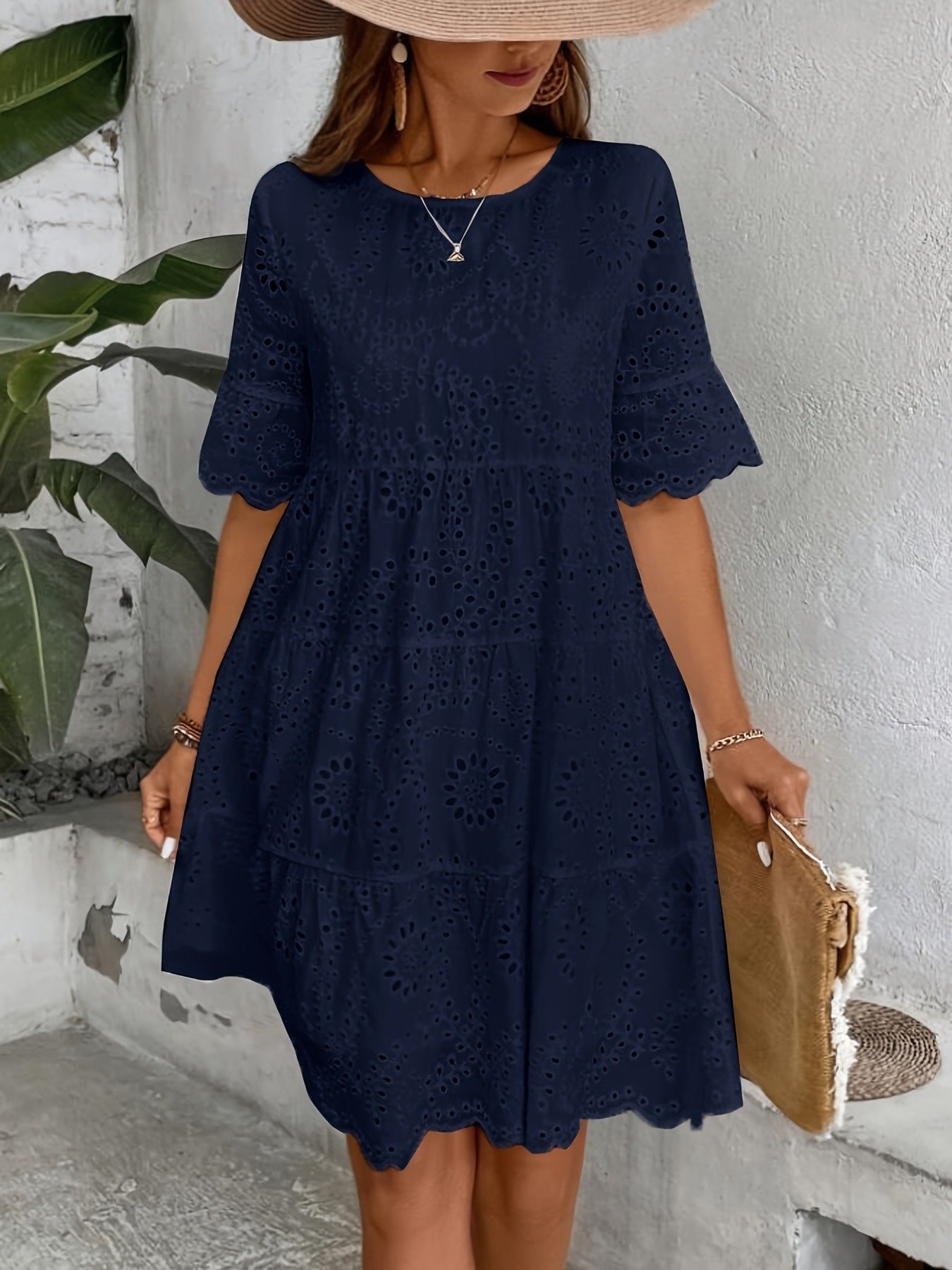 Rose Eyelet Round Neck Dress • Multi-Layer Ruffle Hem Dress • Women's Spring/Summer