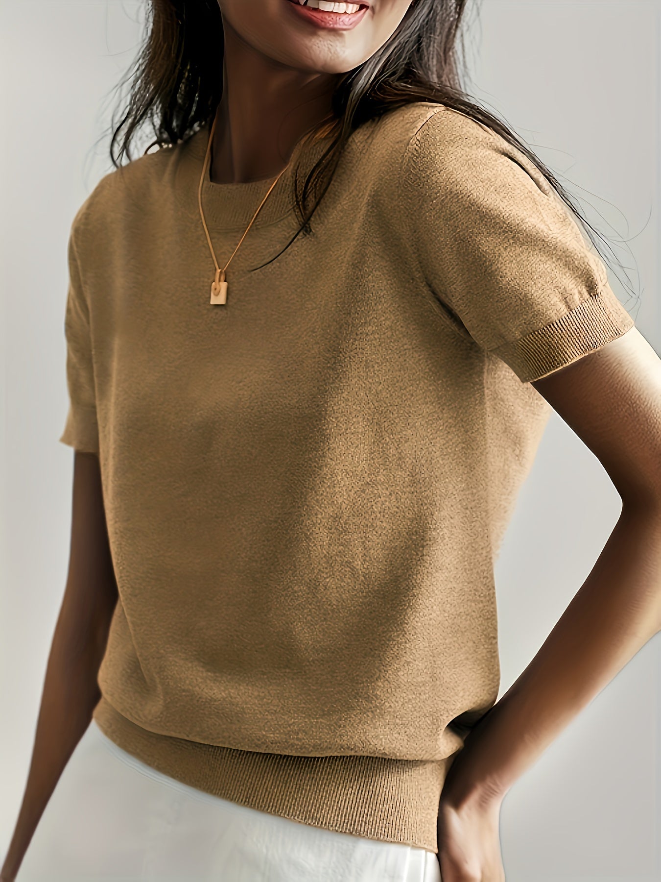 New Women's Summer Simple Thin Top Solid Color Short Sleeve Sweater