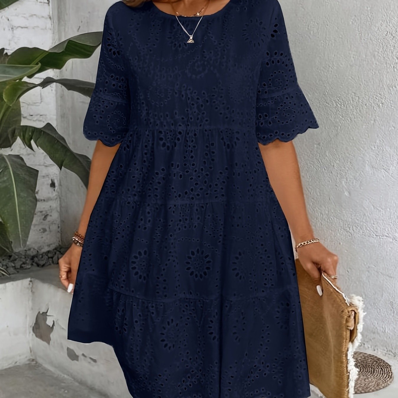 Rose Eyelet Round Neck Dress • Multi-Layer Ruffle Hem Dress • Women's Spring/Summer