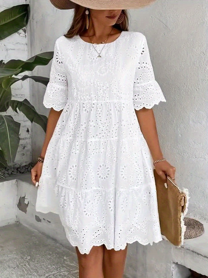 Rose Eyelet Round Neck Dress • Multi-Layer Ruffle Hem Dress • Women's Spring/Summer