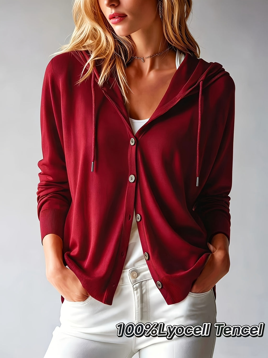 [Hooded Cardigan] Lyocell Tencel Women's Cardigan Hooded Cardigan Women Spring Autumn Style Long Sleeve Button Loose Outerwear European And American Style Casual Temperament Top Soft And Skin-Friendly Drawstring Hood Design Daily Commute Streetwear Versat