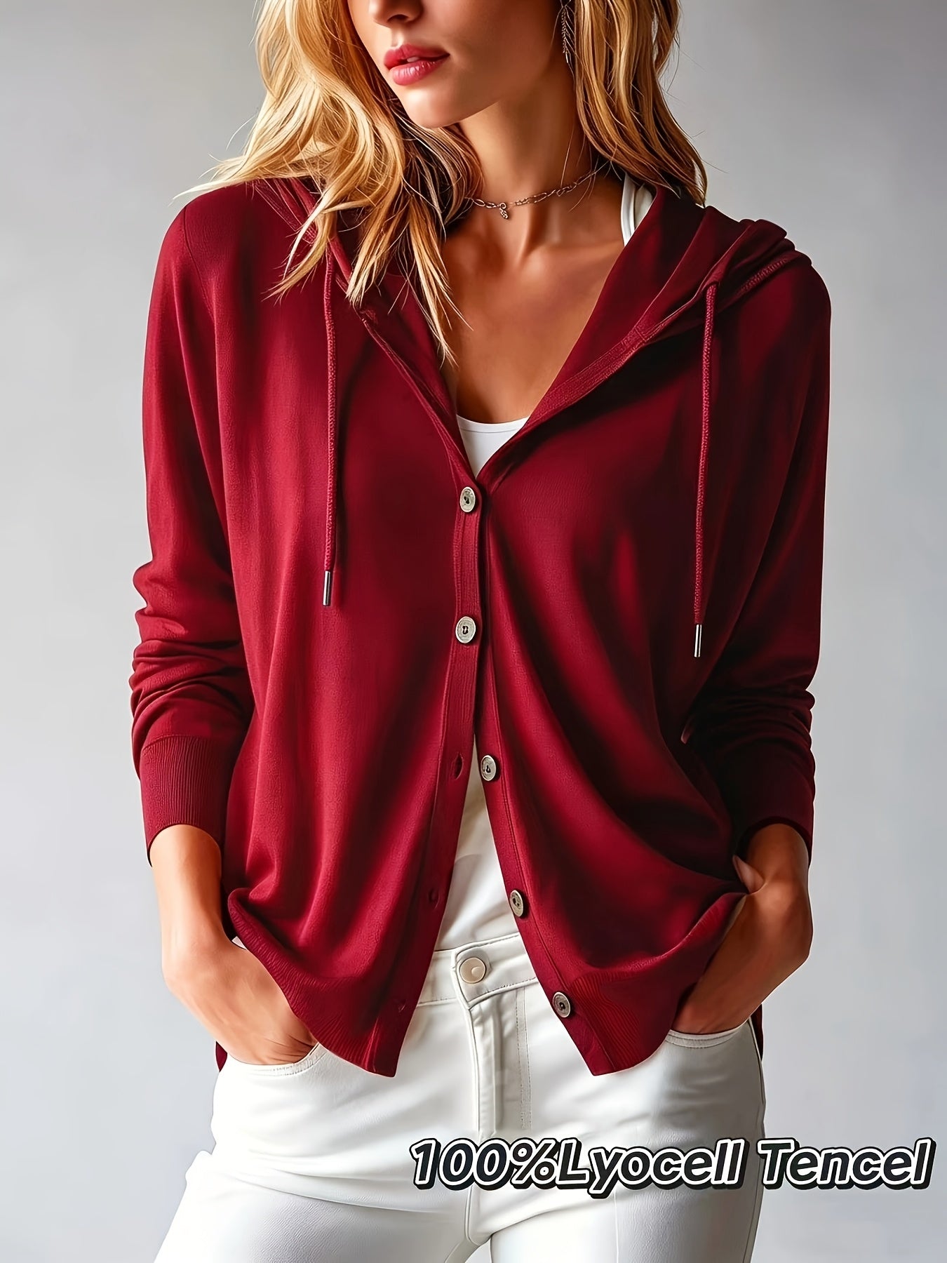 [Hooded Cardigan] Lyocell Tencel Women's Cardigan Hooded Cardigan Women Spring Autumn Style Long Sleeve Button Loose Outerwear European And American Style Casual Temperament Top Soft And Skin-Friendly Drawstring Hood Design Daily Commute Streetwear Versat