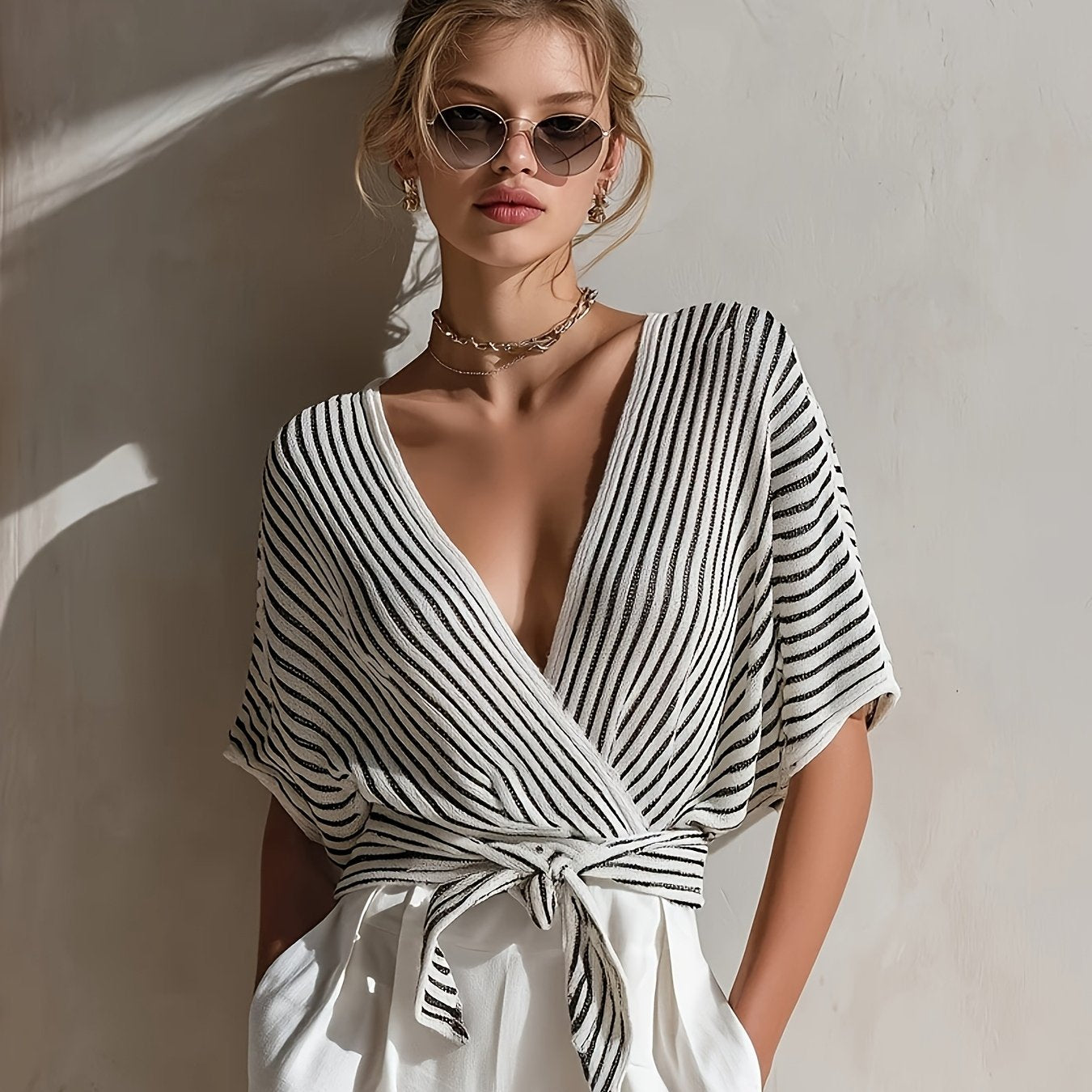 [Retro Striped Vacation Top] French Retro Black And White Striped V-Neck Tie Shirt Women's Summer Loose Batwing Sleeve Design Lazy Style Daily Commute Vacation Top