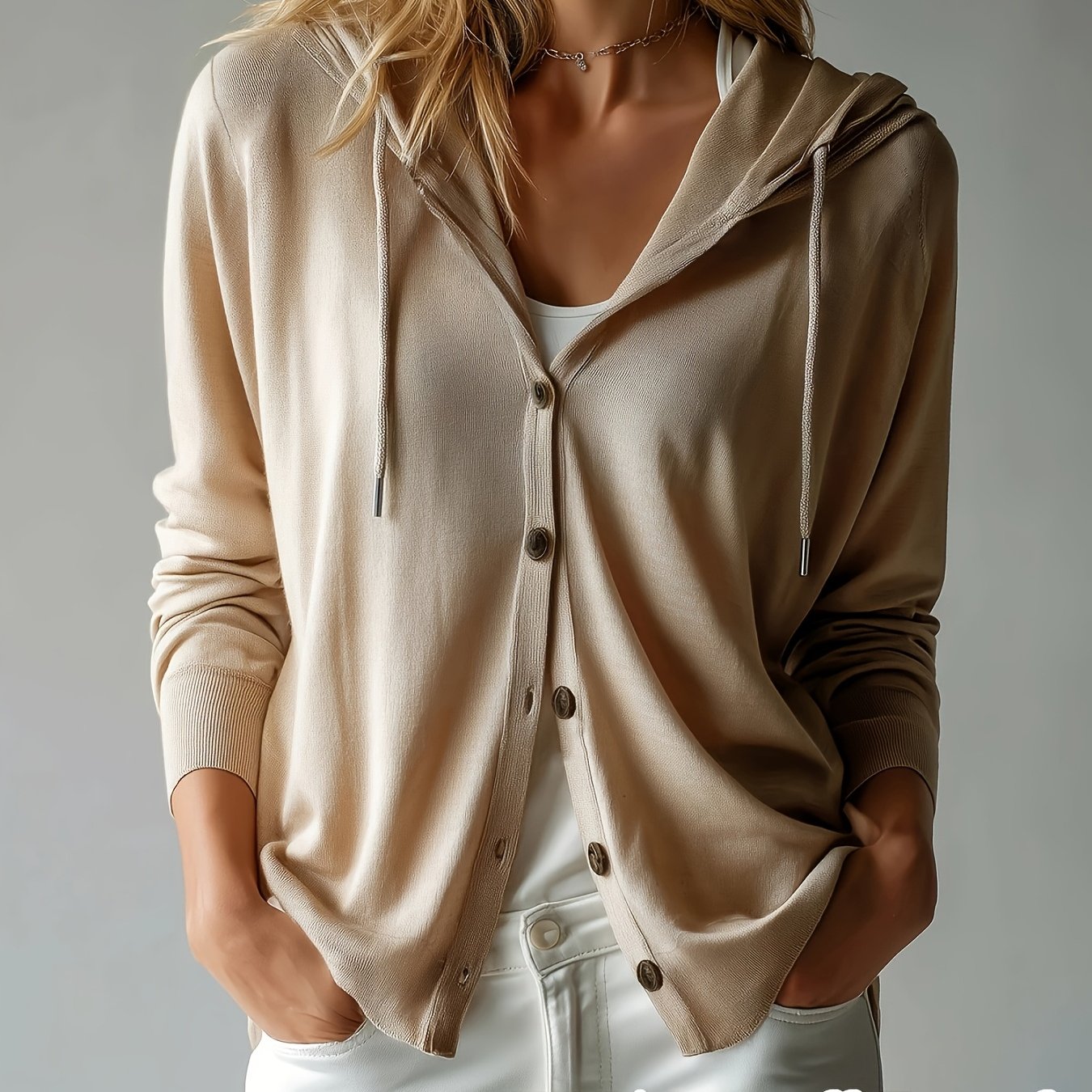 [Hooded Cardigan] Lyocell Tencel Women's Cardigan Hooded Cardigan Women Spring Autumn Style Long Sleeve Button Loose Outerwear European And American Style Casual Temperament Top Soft And Skin-Friendly Drawstring Hood Design Daily Commute Streetwear Versat