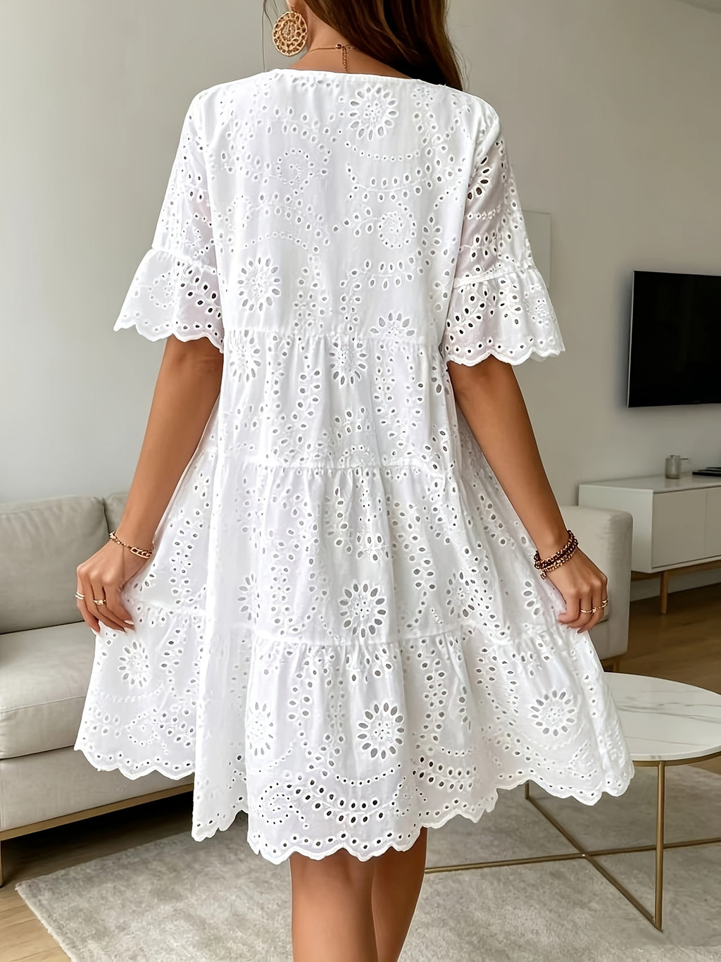 Rose Eyelet Round Neck Dress • Multi-Layer Ruffle Hem Dress • Women's Spring/Summer