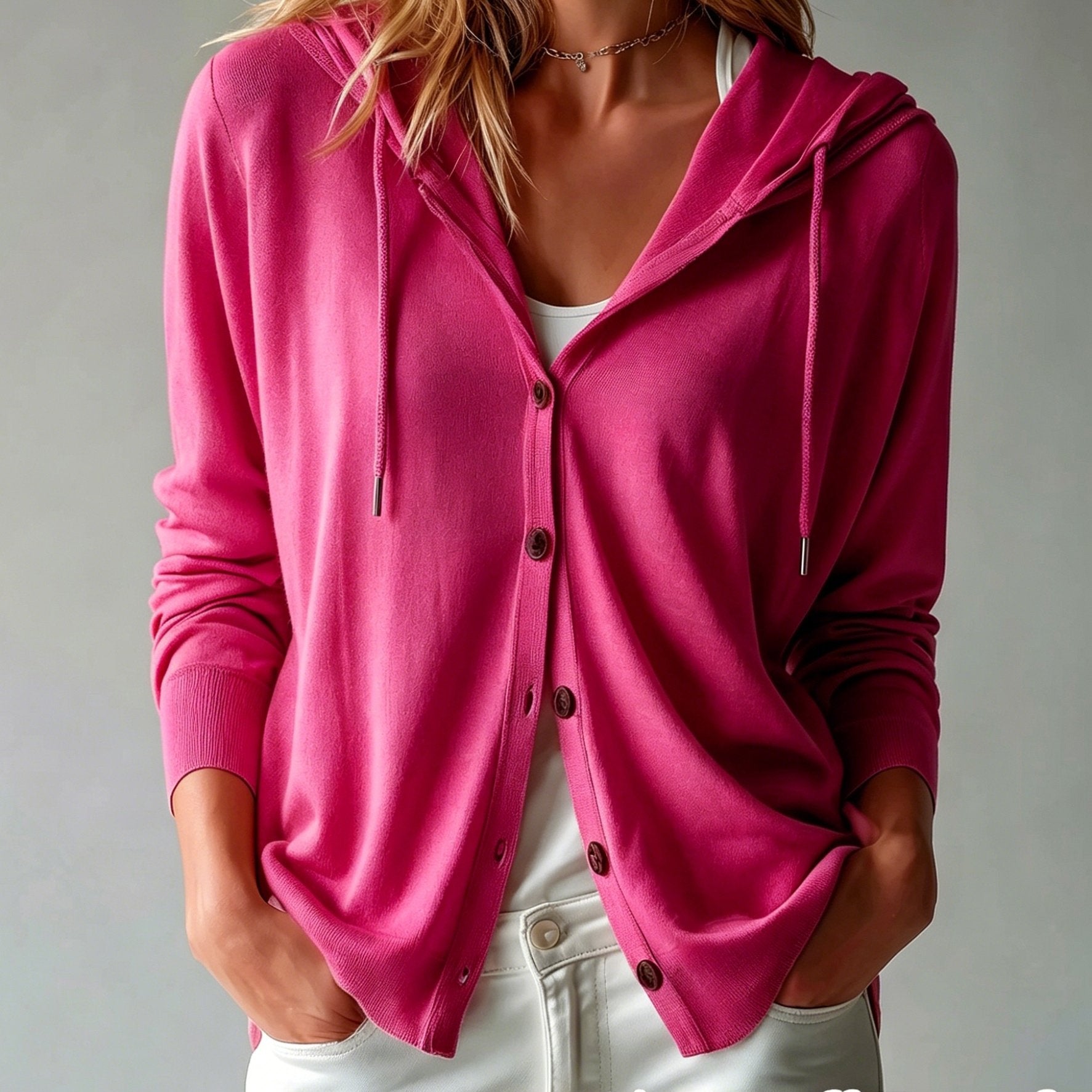 [Hooded Cardigan] Lyocell Tencel Women's Cardigan Hooded Cardigan Women Spring Autumn Style Long Sleeve Button Loose Outerwear European And American Style Casual Temperament Top Soft And Skin-Friendly Drawstring Hood Design Daily Commute Streetwear Versat
