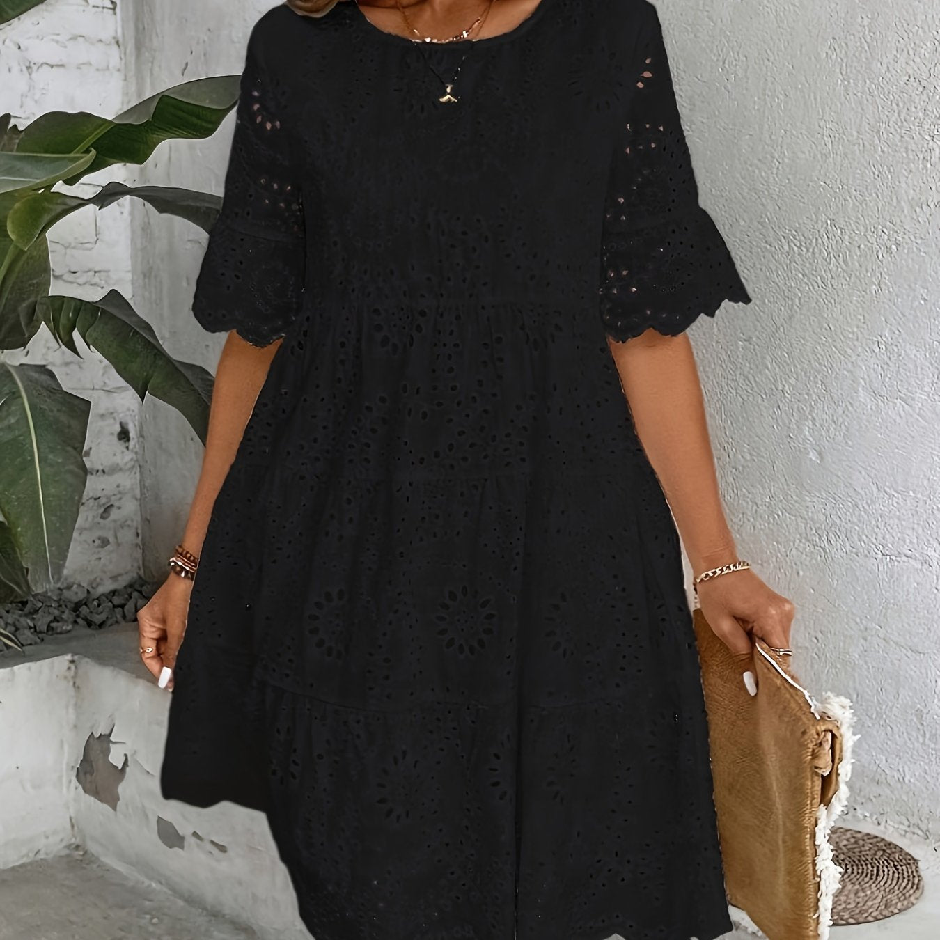 Rose Eyelet Round Neck Dress • Multi-Layer Ruffle Hem Dress • Women's Spring/Summer