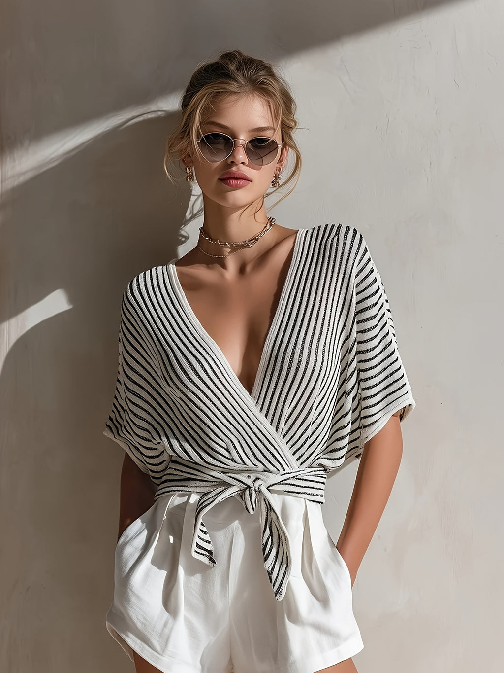 [Retro Striped Vacation Top] French Retro Black And White Striped V-Neck Tie Shirt Women's Summer Loose Batwing Sleeve Design Lazy Style Daily Commute Vacation Top