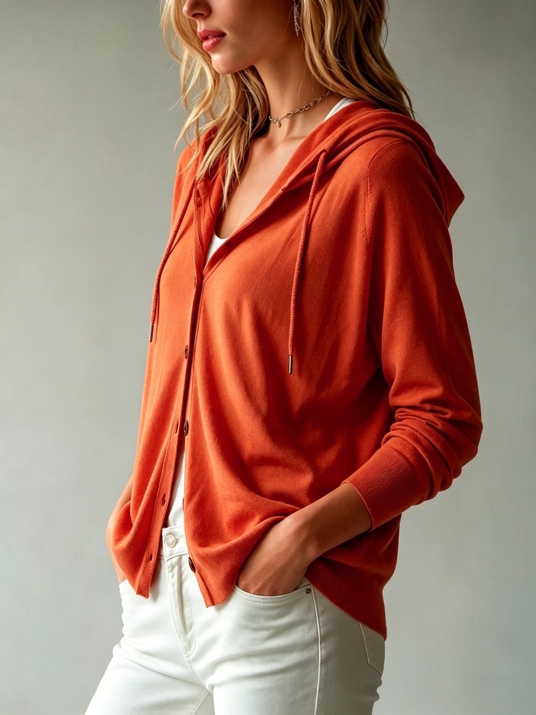 [Hooded Cardigan] Lyocell Tencel Women's Cardigan Hooded Cardigan Women Spring Autumn Style Long Sleeve Button Loose Outerwear European And American Style Casual Temperament Top Soft And Skin-Friendly Drawstring Hood Design Daily Commute Streetwear Versat