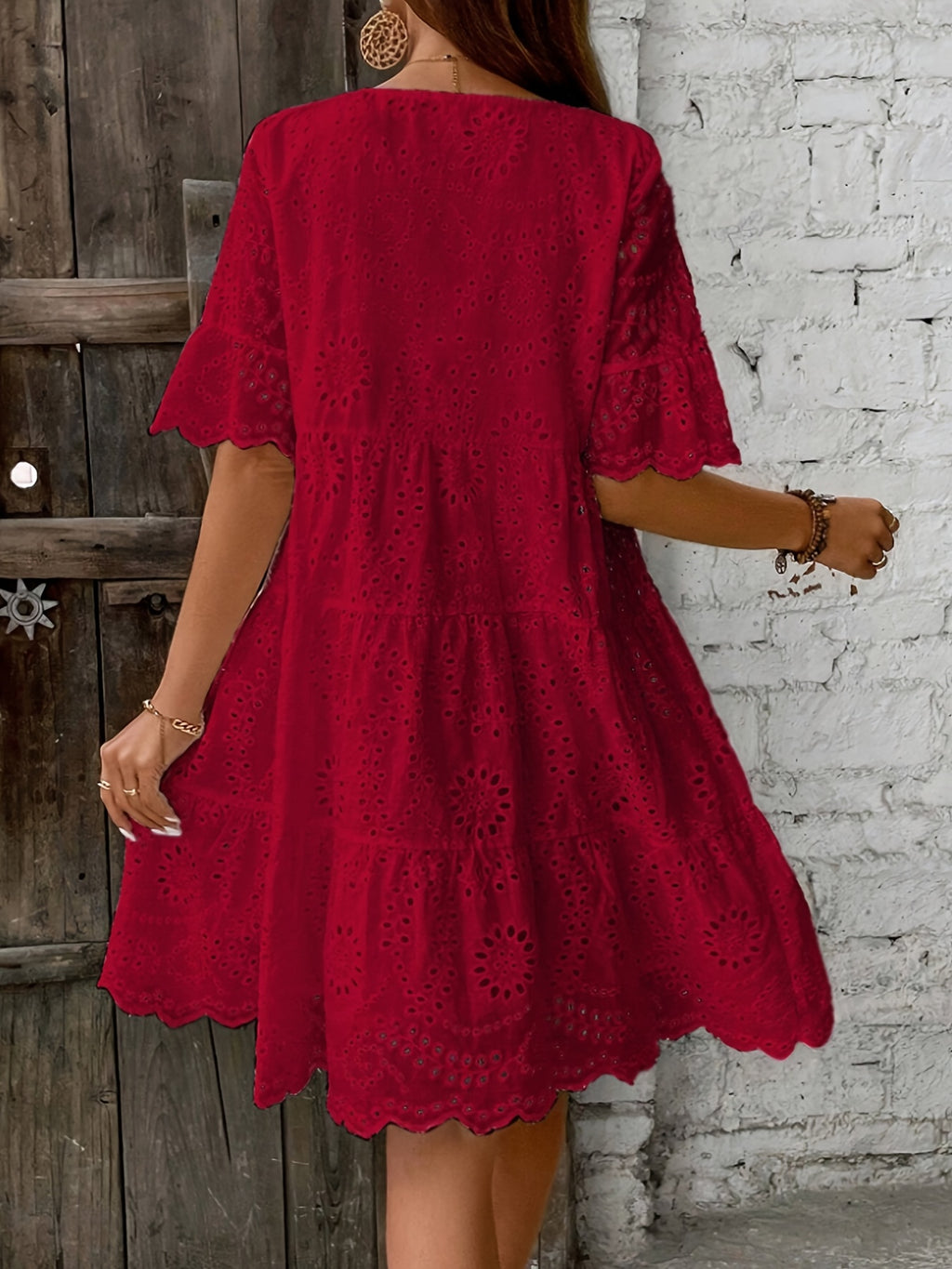 Rose Eyelet Round Neck Dress • Multi-Layer Ruffle Hem Dress • Women's Spring/Summer