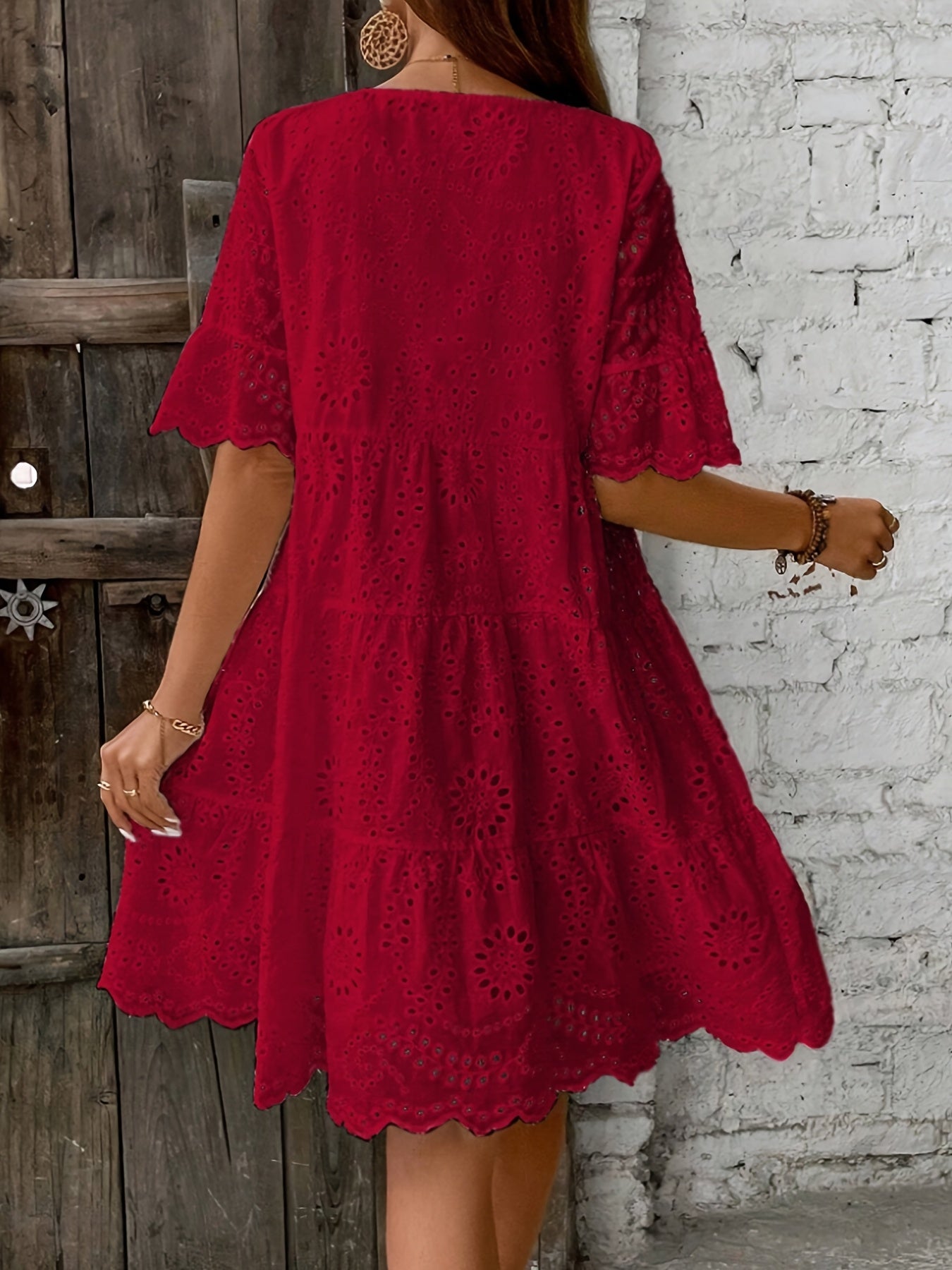 Rose Eyelet Round Neck Dress • Multi-Layer Ruffle Hem Dress • Women's Spring/Summer
