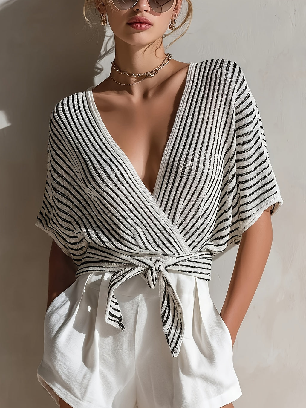 [Retro Striped Vacation Top] French Retro Black And White Striped V-Neck Tie Shirt Women's Summer Loose Batwing Sleeve Design Lazy Style Daily Commute Vacation Top