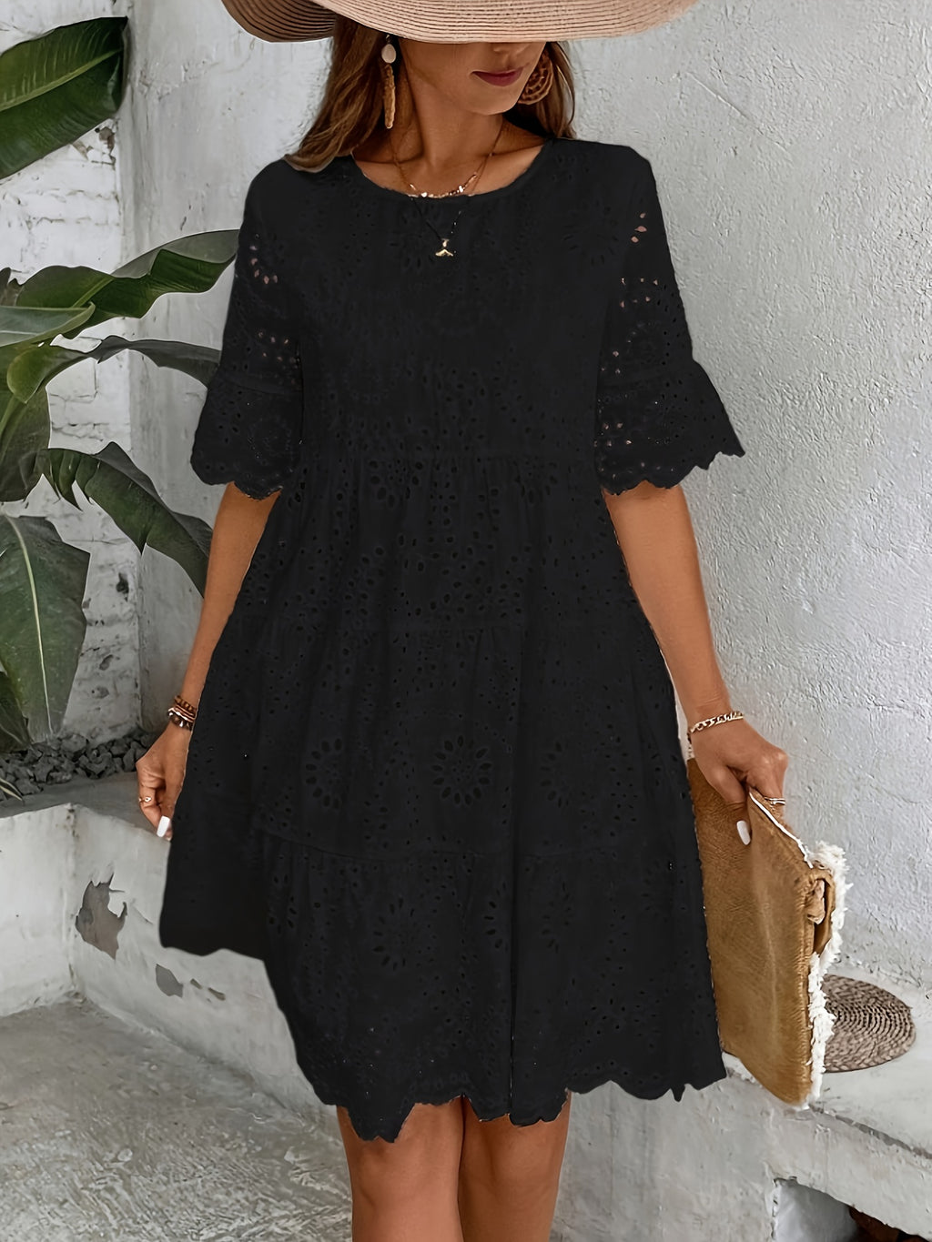 Rose Eyelet Round Neck Dress • Multi-Layer Ruffle Hem Dress • Women's Spring/Summer