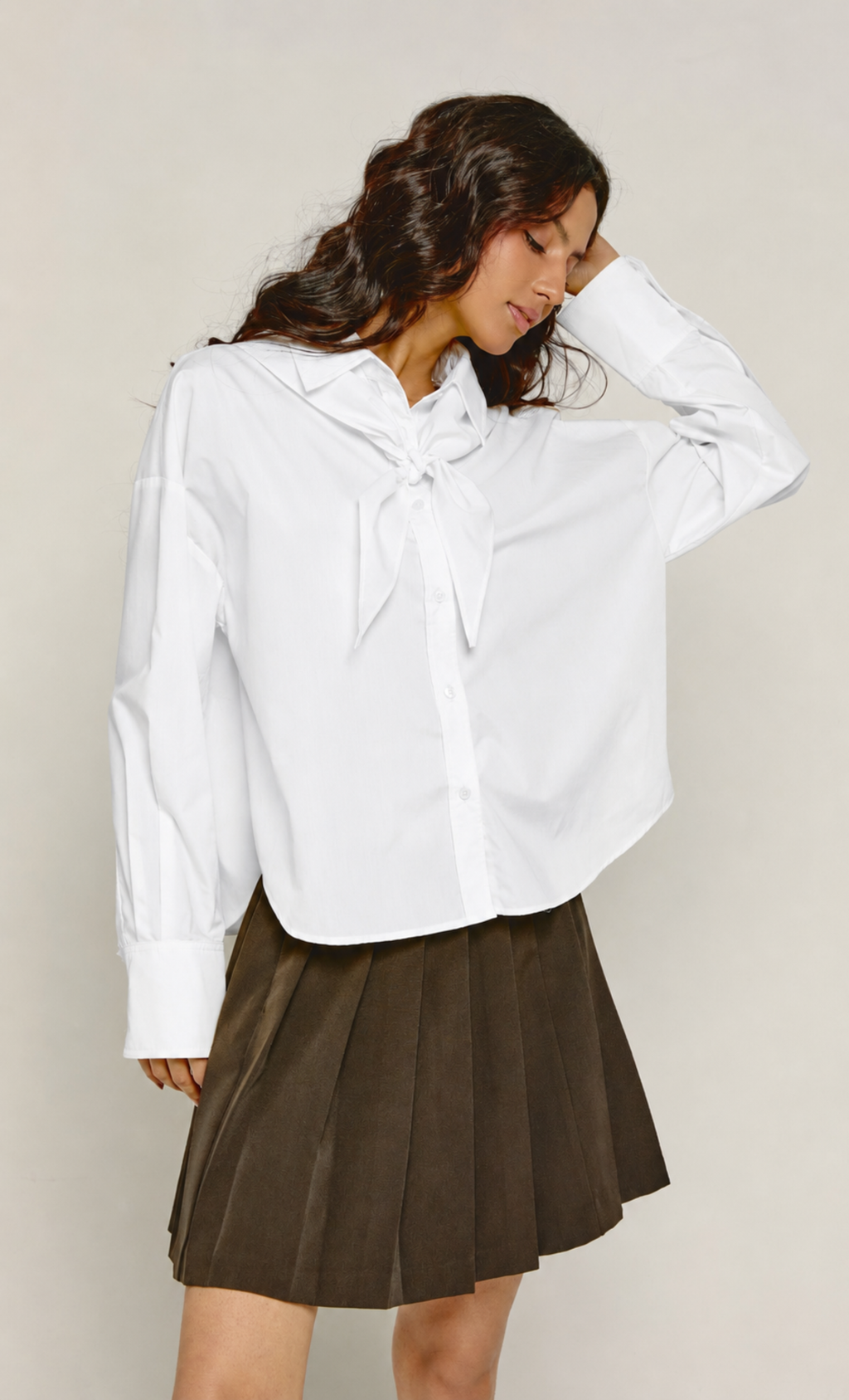 White Boxy Tie Neck Scarf Shirt