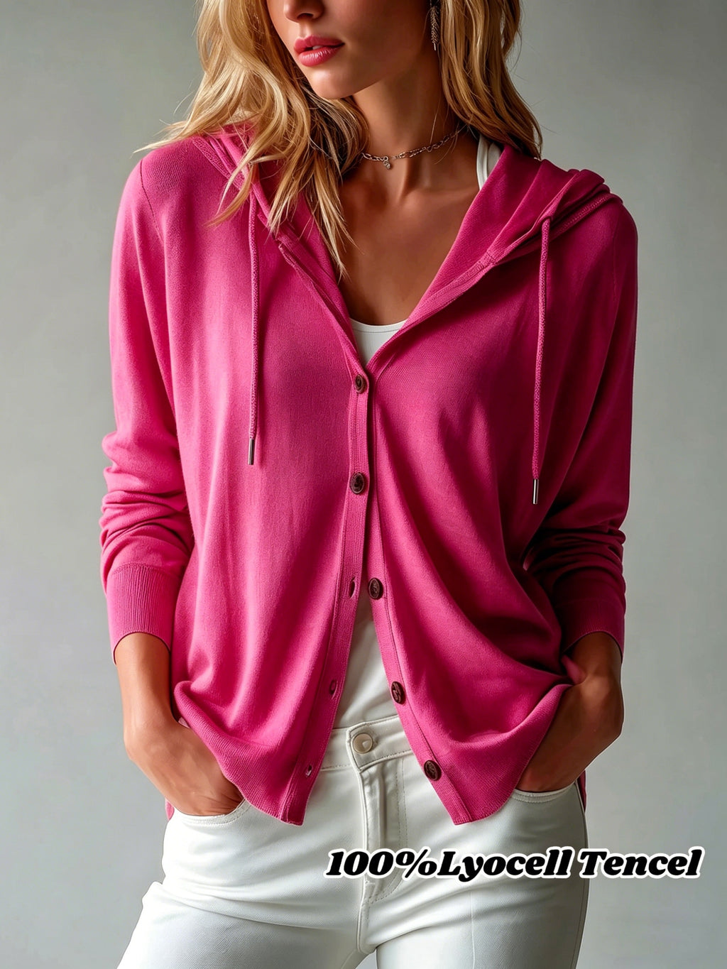 [Hooded Cardigan] Lyocell Tencel Women's Cardigan Hooded Cardigan Women Spring Autumn Style Long Sleeve Button Loose Outerwear European And American Style Casual Temperament Top Soft And Skin-Friendly Drawstring Hood Design Daily Commute Streetwear Versat