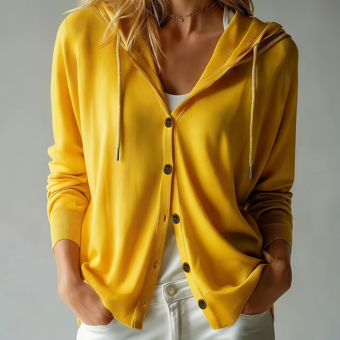 [Hooded Cardigan] Lyocell Tencel Women's Cardigan Hooded Cardigan Women Spring Autumn Style Long Sleeve Button Loose Outerwear European And American Style Casual Temperament Top Soft And Skin-Friendly Drawstring Hood Design Daily Commute Streetwear Versat