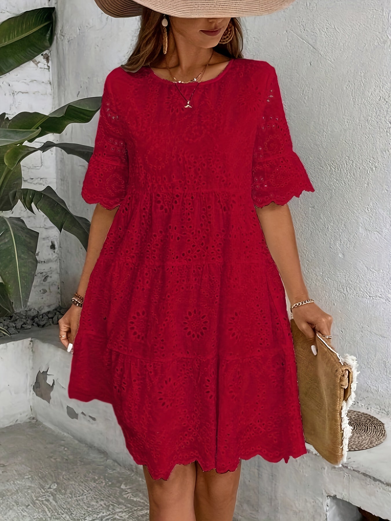 Rose Eyelet Round Neck Dress • Multi-Layer Ruffle Hem Dress • Women's Spring/Summer