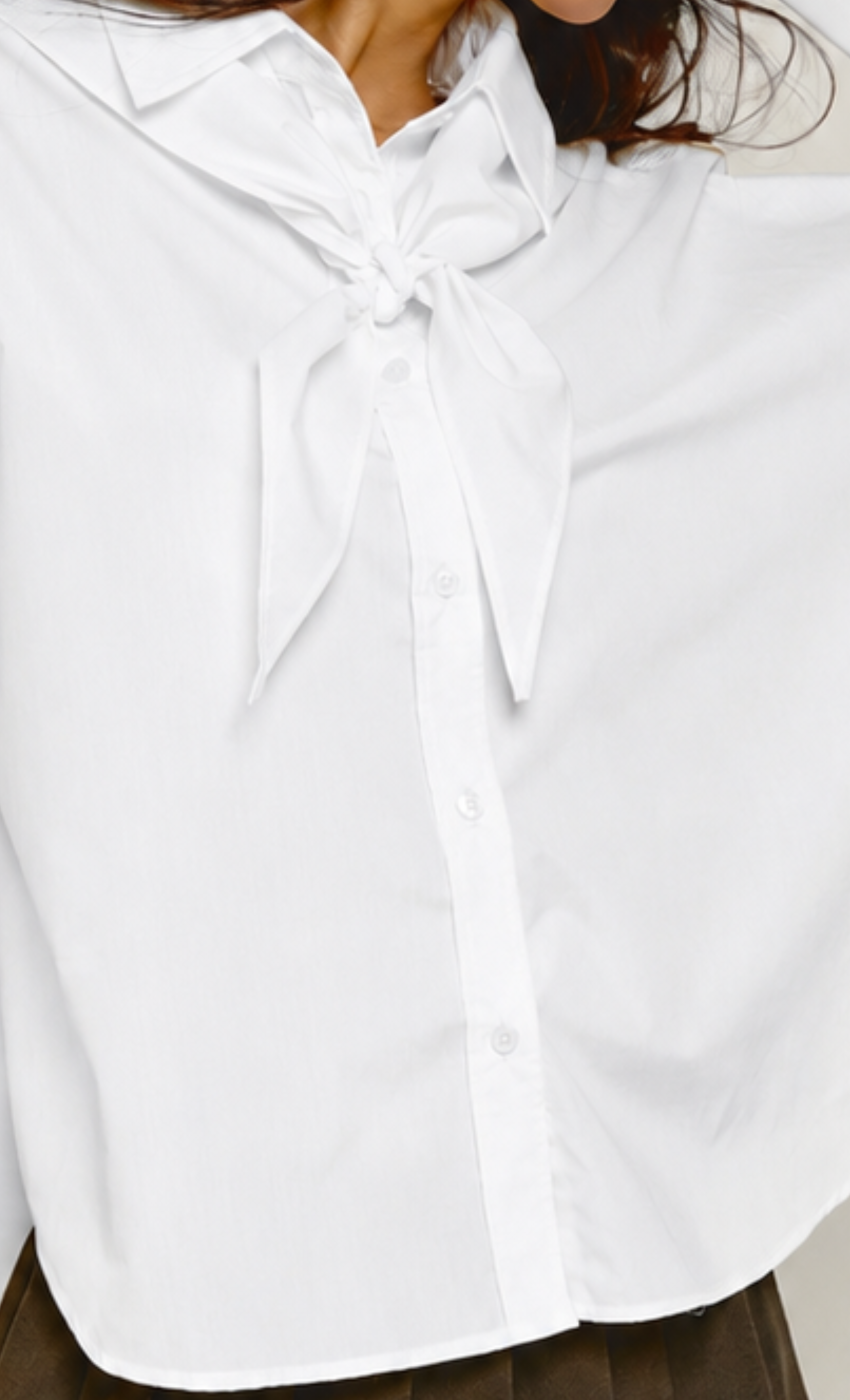 White Boxy Tie Neck Scarf Shirt