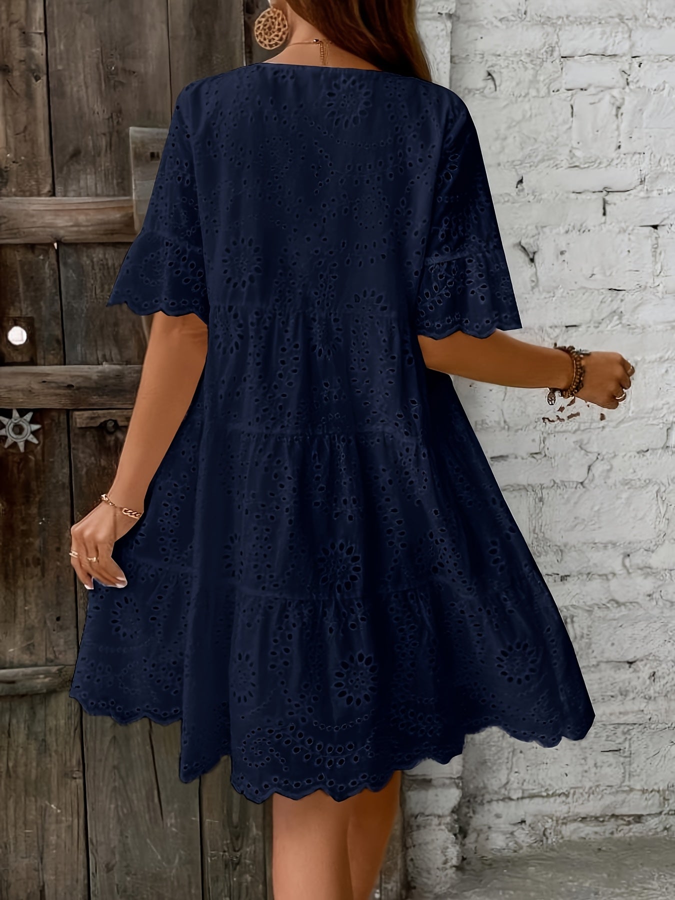 Rose Eyelet Round Neck Dress • Multi-Layer Ruffle Hem Dress • Women's Spring/Summer