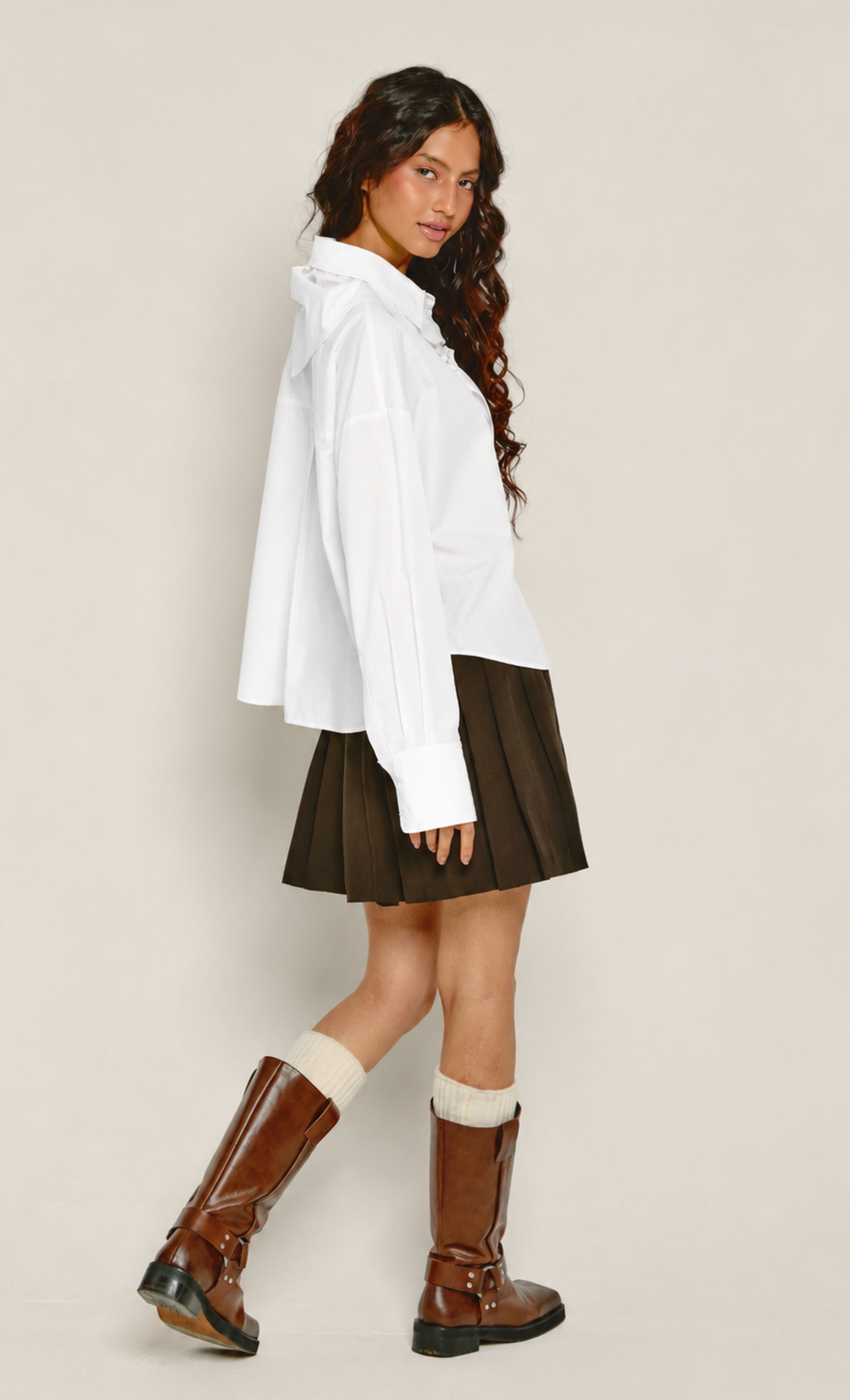 White Boxy Tie Neck Scarf Shirt