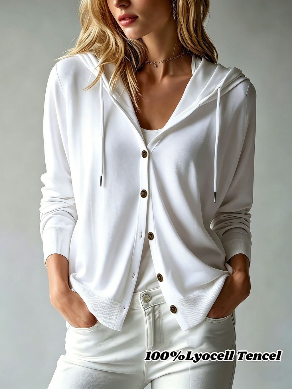 [Hooded Cardigan] Lyocell Tencel Women's Cardigan Hooded Cardigan Women Spring Autumn Style Long Sleeve Button Loose Outerwear European And American Style Casual Temperament Top Soft And Skin-Friendly Drawstring Hood Design Daily Commute Streetwear Versat