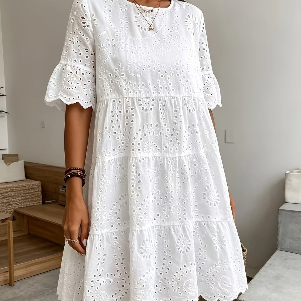 Rose Eyelet Round Neck Dress • Multi-Layer Ruffle Hem Dress • Women's Spring/Summer