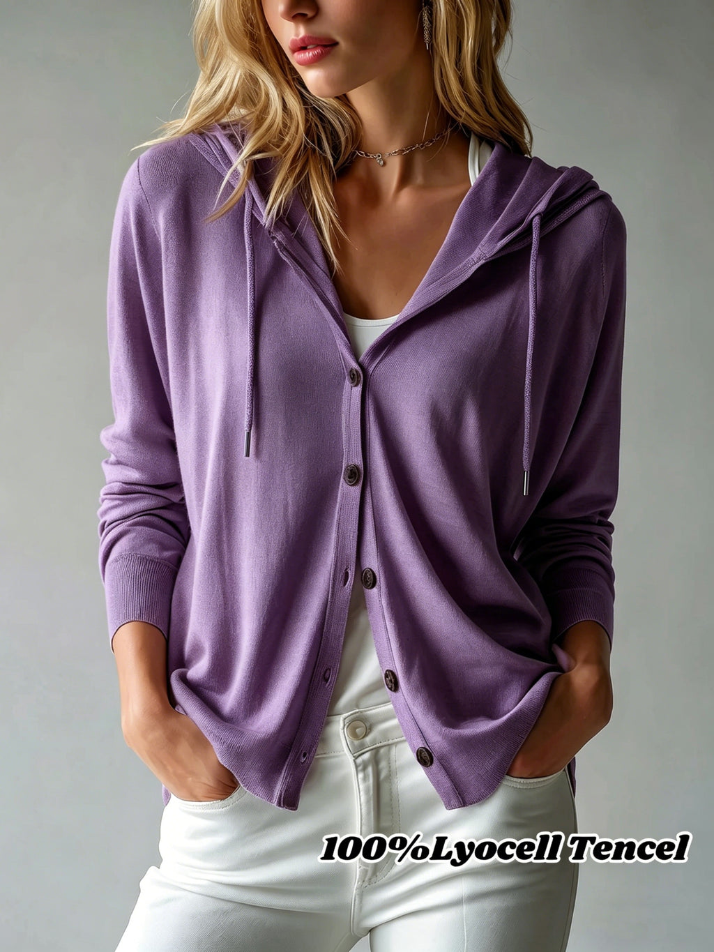 [Hooded Cardigan] Lyocell Tencel Women's Cardigan Hooded Cardigan Women Spring Autumn Style Long Sleeve Button Loose Outerwear European And American Style Casual Temperament Top Soft And Skin-Friendly Drawstring Hood Design Daily Commute Streetwear Versat