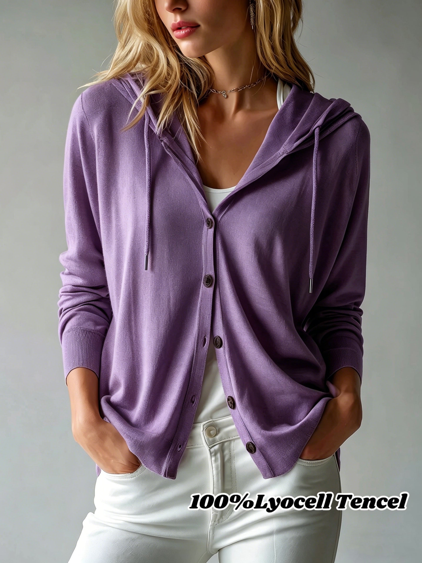 [Hooded Cardigan] Lyocell Tencel Women's Cardigan Hooded Cardigan Women Spring Autumn Style Long Sleeve Button Loose Outerwear European And American Style Casual Temperament Top Soft And Skin-Friendly Drawstring Hood Design Daily Commute Streetwear Versat