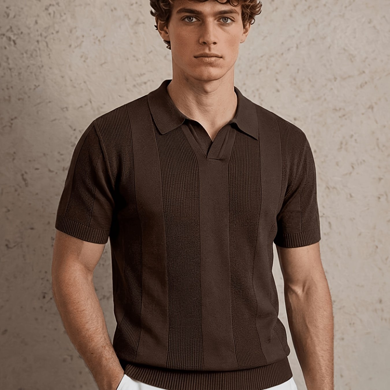 Men'S Plain Short-Sleeve Knitted Top, Minimalist And Fashionable, Suitable for Men'S Knitted Polo Shirts in Summer
