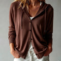 [Hooded Cardigan] Lyocell Tencel Women's Cardigan Hooded Cardigan Women Spring Autumn Style Long Sleeve Button Loose Outerwear European And American Style Casual Temperament Top Soft And Skin-Friendly Drawstring Hood Design Daily Commute Streetwear Versat