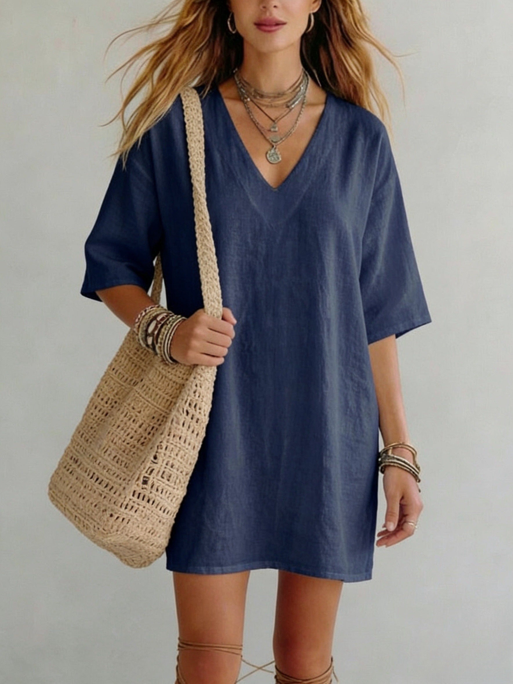 Summer Solid Color Linen V-Neck Loose Fit T-Shirt Style Mid-Sleeve Casual Vacation Crop Dress