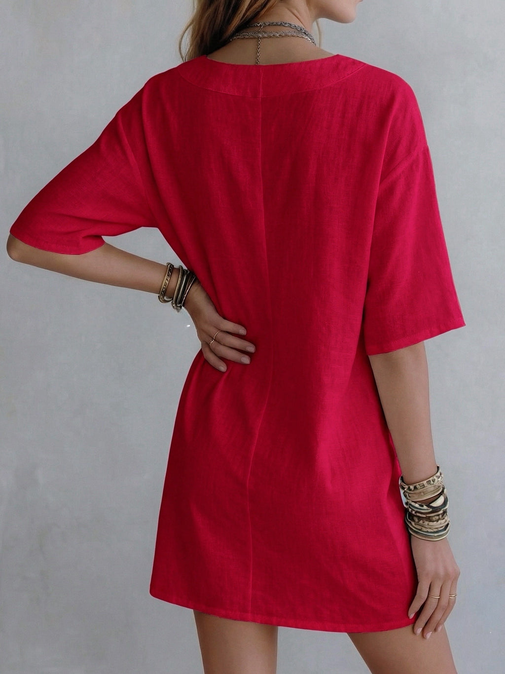 Summer Solid Color Linen V-Neck Loose Fit T-Shirt Style Mid-Sleeve Casual Vacation Crop Dress