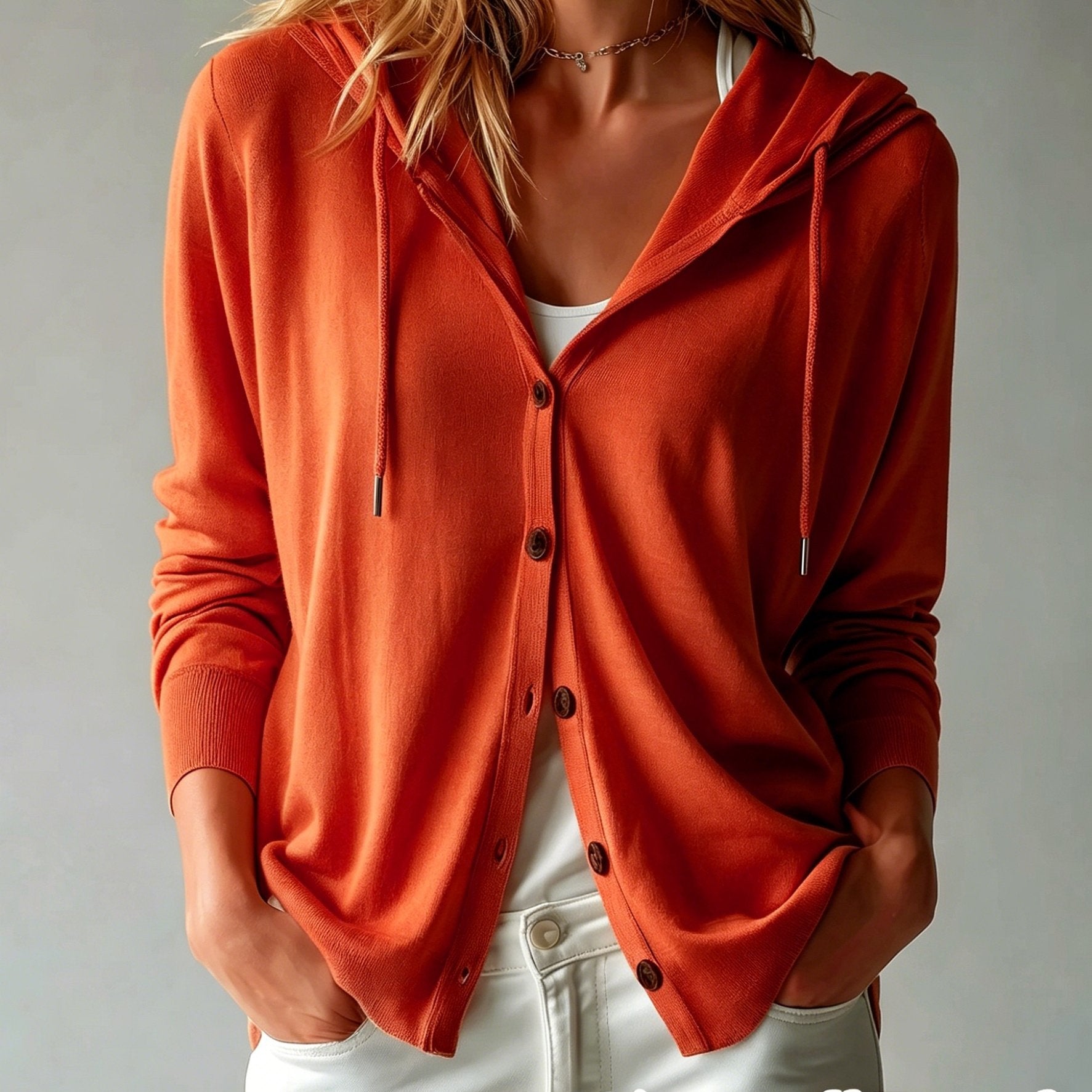 [Hooded Cardigan] Lyocell Tencel Women's Cardigan Hooded Cardigan Women Spring Autumn Style Long Sleeve Button Loose Outerwear European And American Style Casual Temperament Top Soft And Skin-Friendly Drawstring Hood Design Daily Commute Streetwear Versat