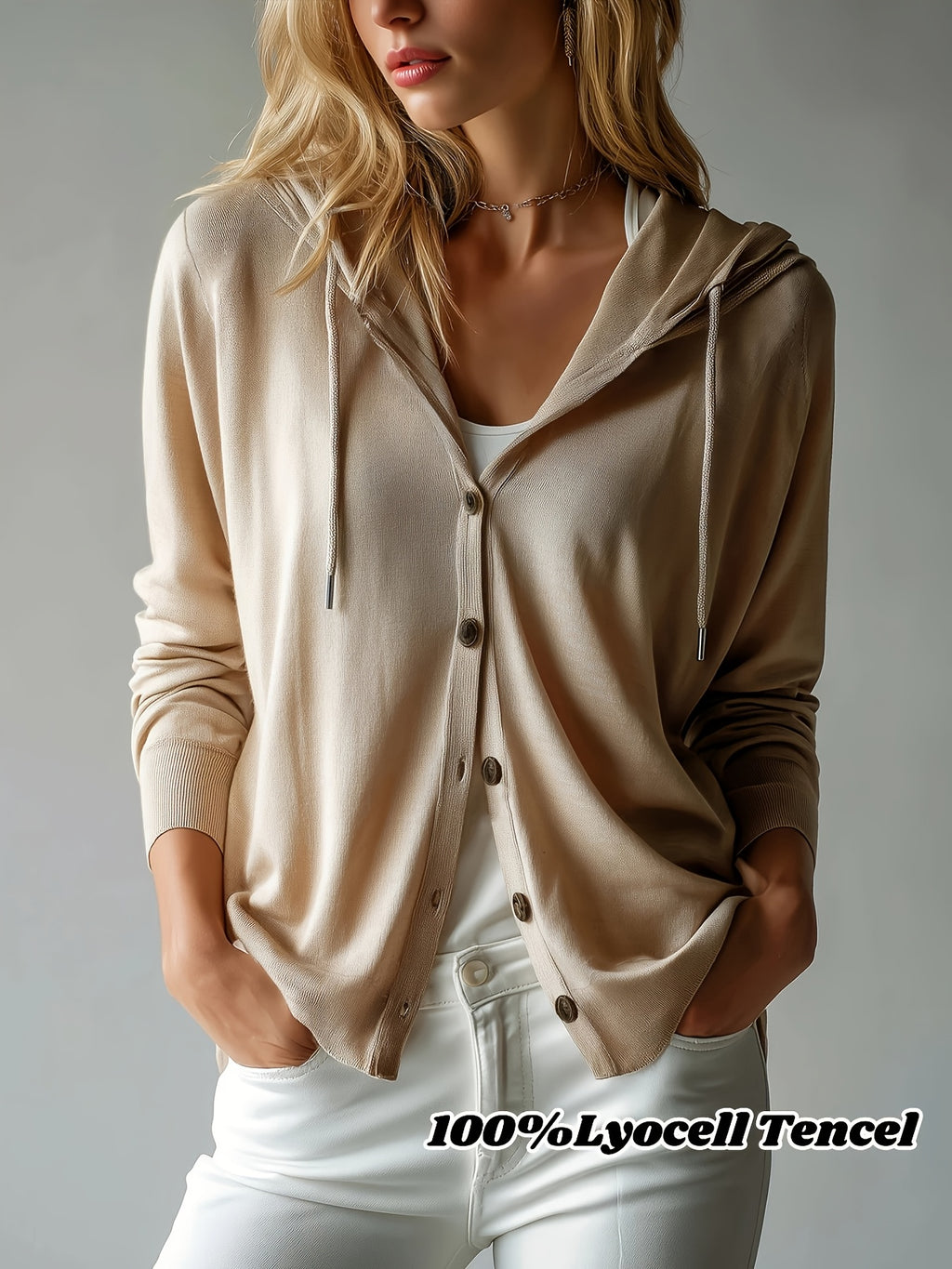 [Hooded Cardigan] Lyocell Tencel Women's Cardigan Hooded Cardigan Women Spring Autumn Style Long Sleeve Button Loose Outerwear European And American Style Casual Temperament Top Soft And Skin-Friendly Drawstring Hood Design Daily Commute Streetwear Versat