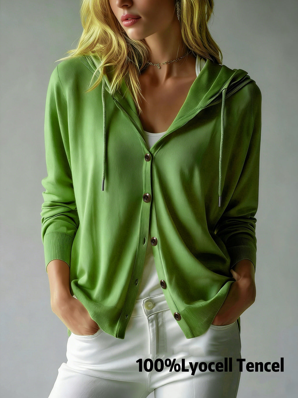 [Hooded Cardigan] Lyocell Tencel Women's Cardigan Hooded Cardigan Women Spring Autumn Style Long Sleeve Button Loose Outerwear European And American Style Casual Temperament Top Soft And Skin-Friendly Drawstring Hood Design Daily Commute Streetwear Versat