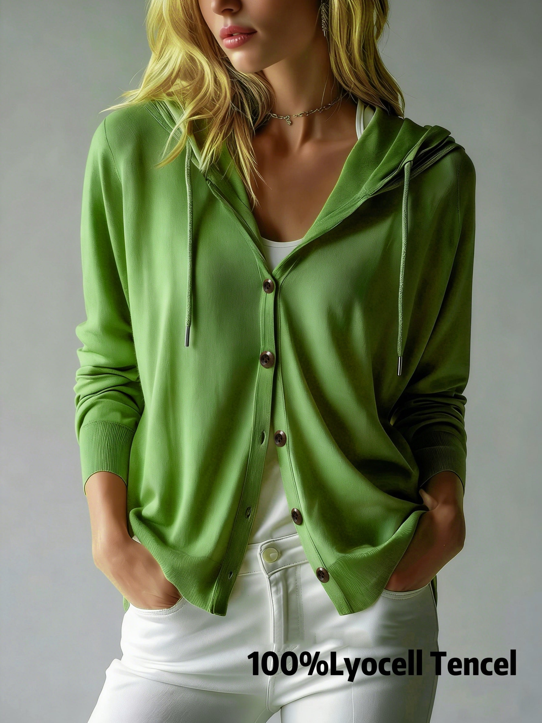 [Hooded Cardigan] Lyocell Tencel Women's Cardigan Hooded Cardigan Women Spring Autumn Style Long Sleeve Button Loose Outerwear European And American Style Casual Temperament Top Soft And Skin-Friendly Drawstring Hood Design Daily Commute Streetwear Versat