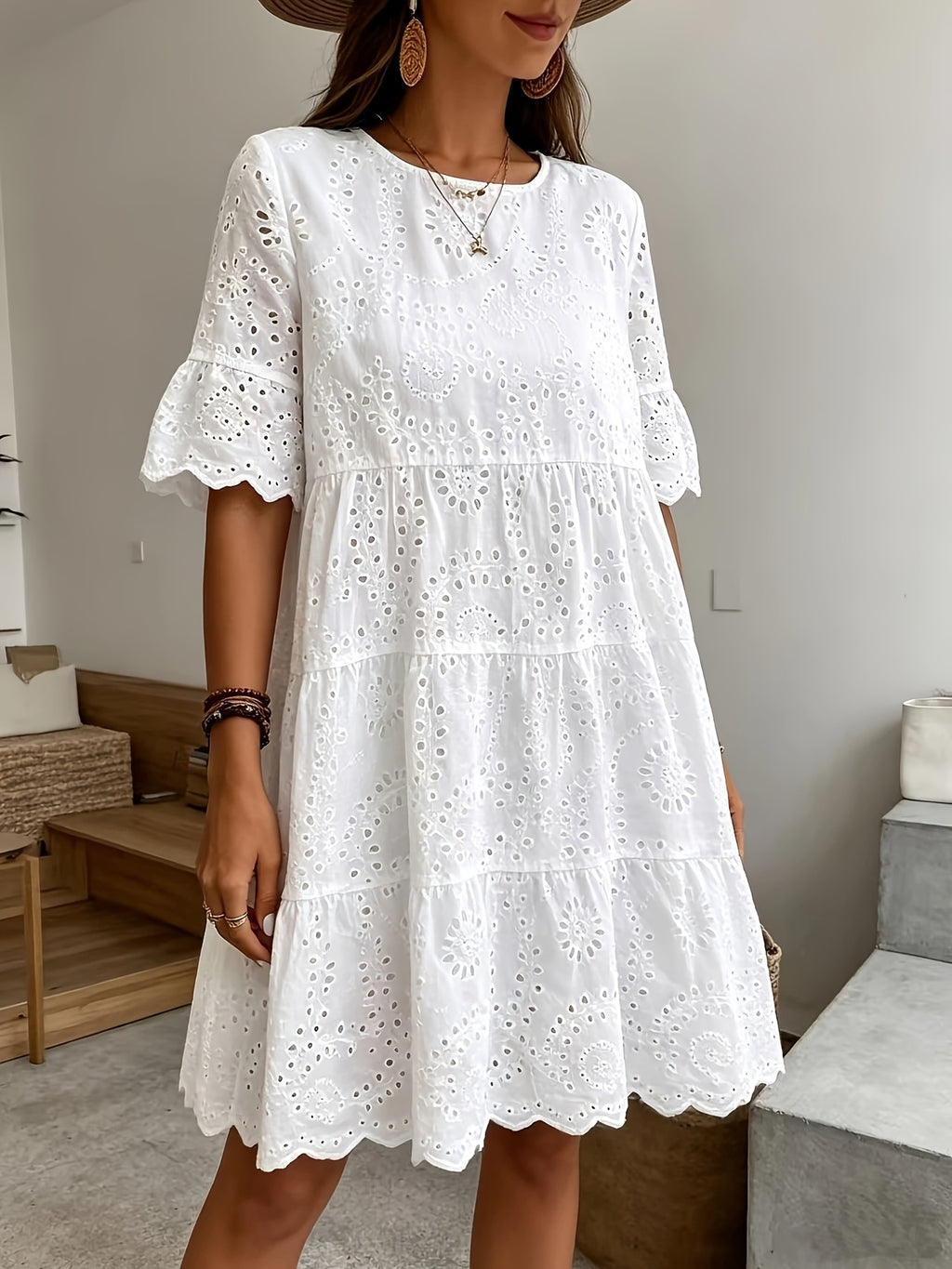 Rose Eyelet Round Neck Dress • Multi-Layer Ruffle Hem Dress • Women's Spring/Summer