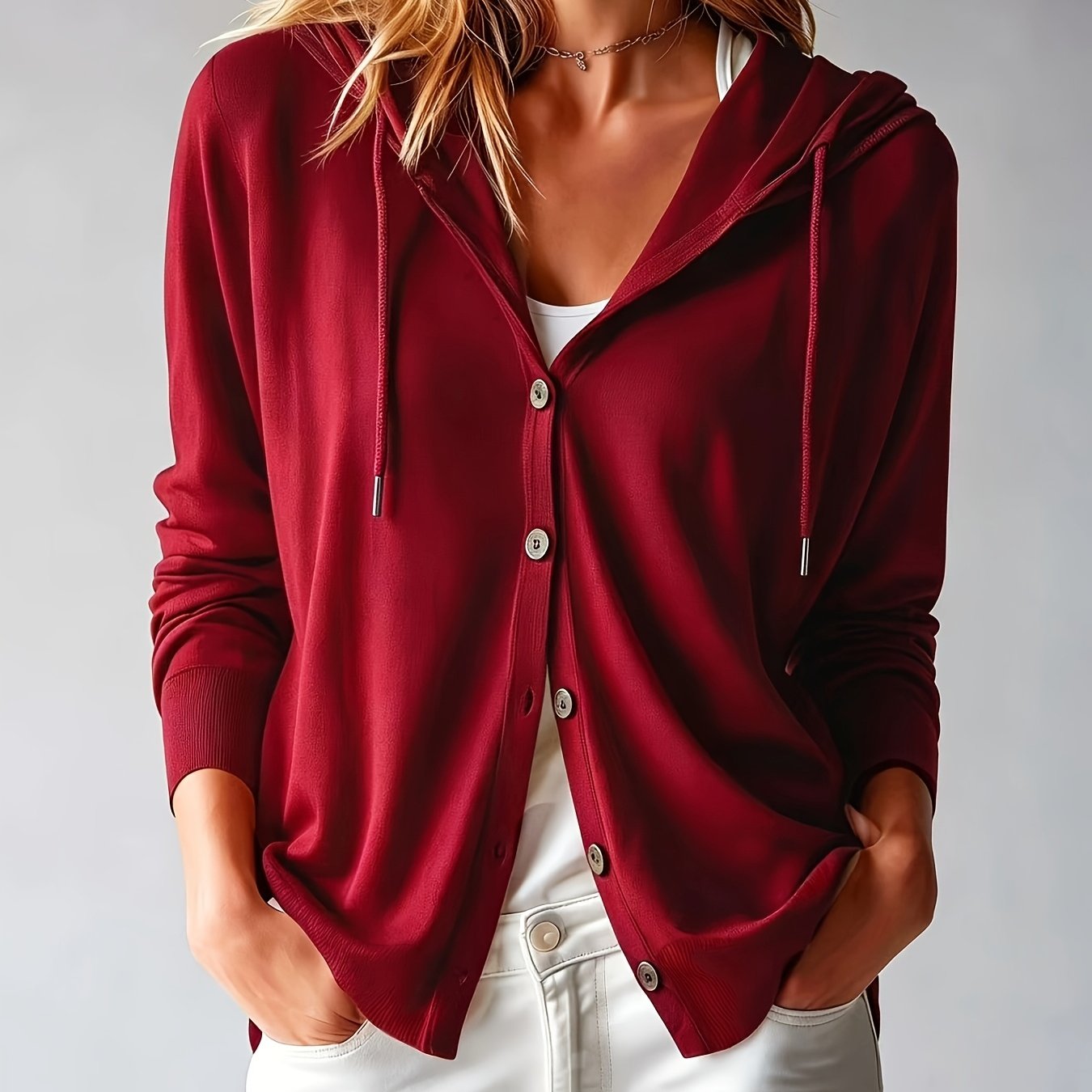 [Hooded Cardigan] Lyocell Tencel Women's Cardigan Hooded Cardigan Women Spring Autumn Style Long Sleeve Button Loose Outerwear European And American Style Casual Temperament Top Soft And Skin-Friendly Drawstring Hood Design Daily Commute Streetwear Versat